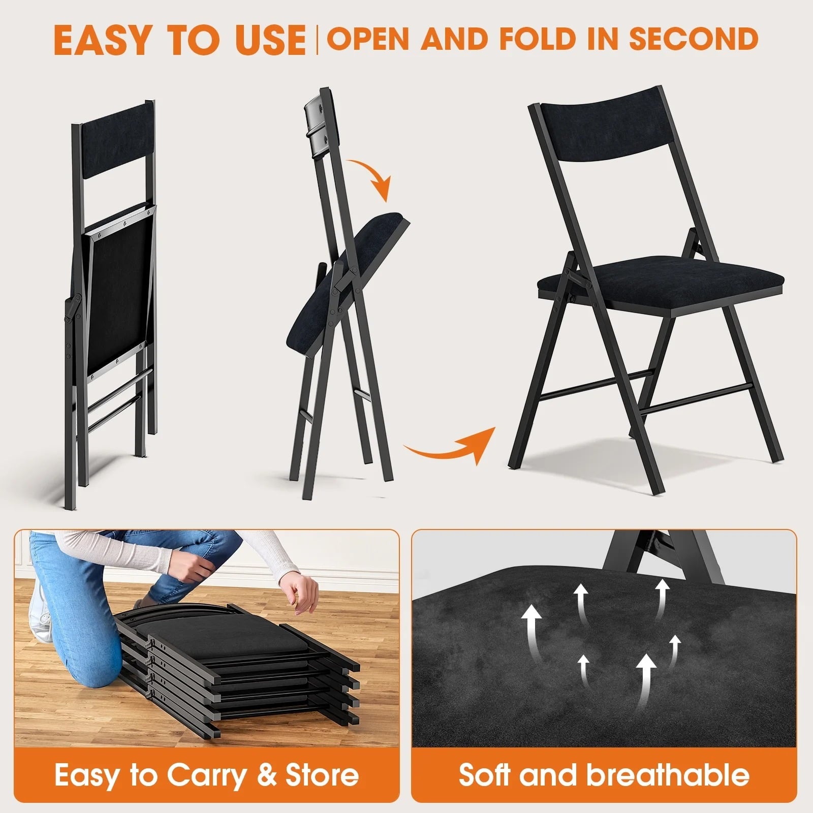 Furnibear 4 Pack Folding Chairs with Padded Vinyl Seat, Heavy-Duty Metal Frame, Supports 330 lbs, Portable Lightweight,Black