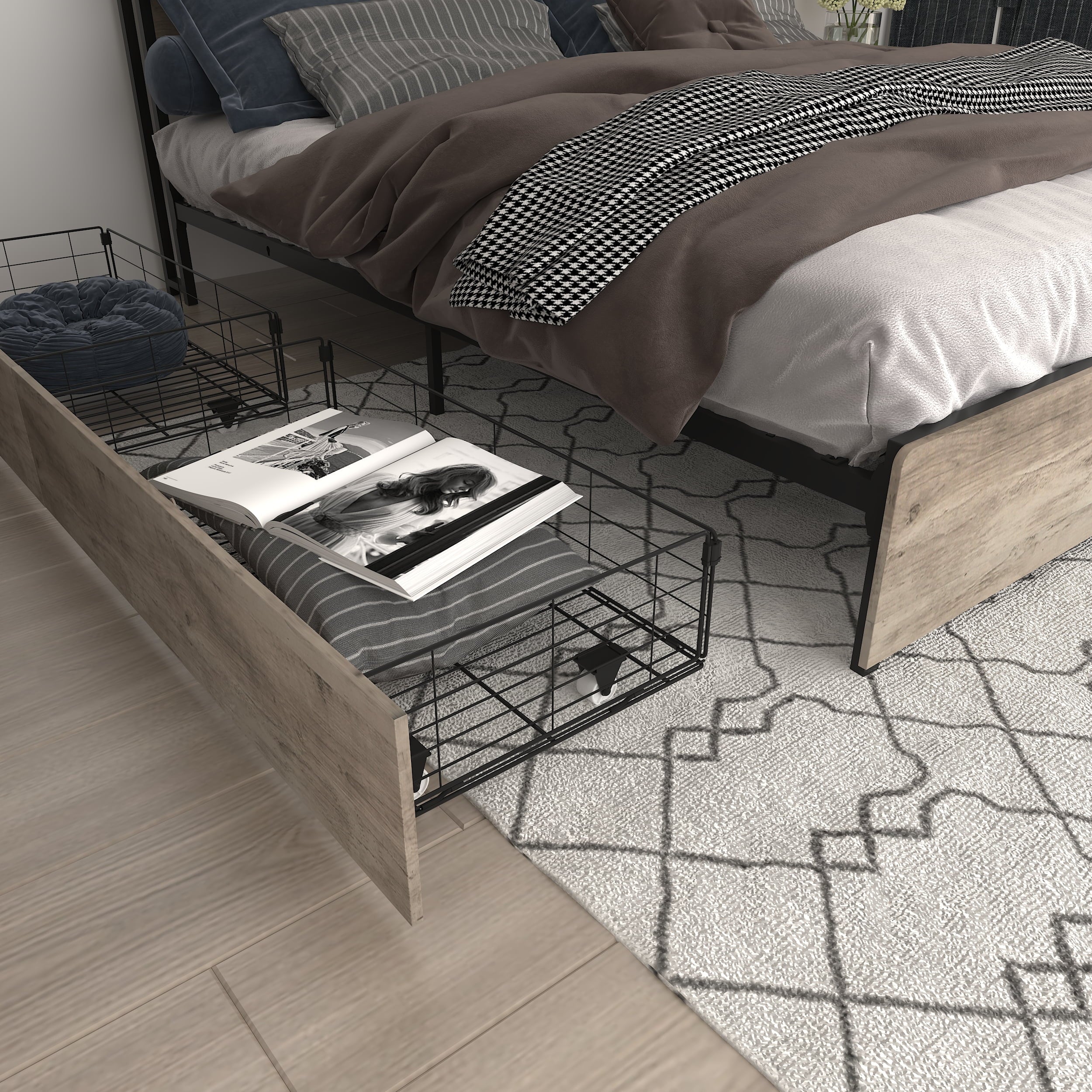 Furnibear King Bed Frame with USB Charging Station and Storage Headboard, Heavy-Duty Shake-Free Platform, No Box Spring Needed, Easy Tool-Free Assembly, Gray