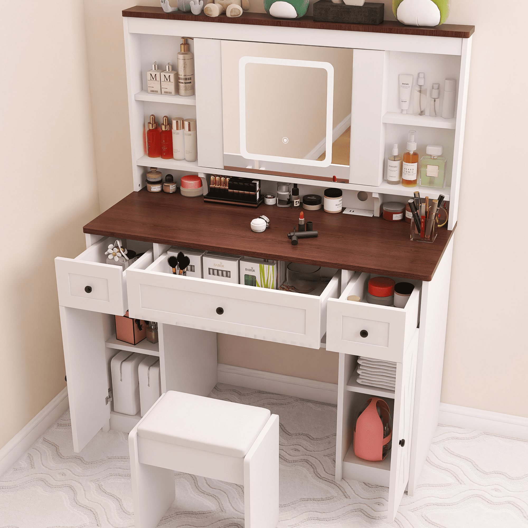 Furnibear Vanity Desk Set with Mirror and Light, Farmhouse Makeup Table with Charging Station, Drawers and Cabinet, 3 Color Modes Brightness Adjustable