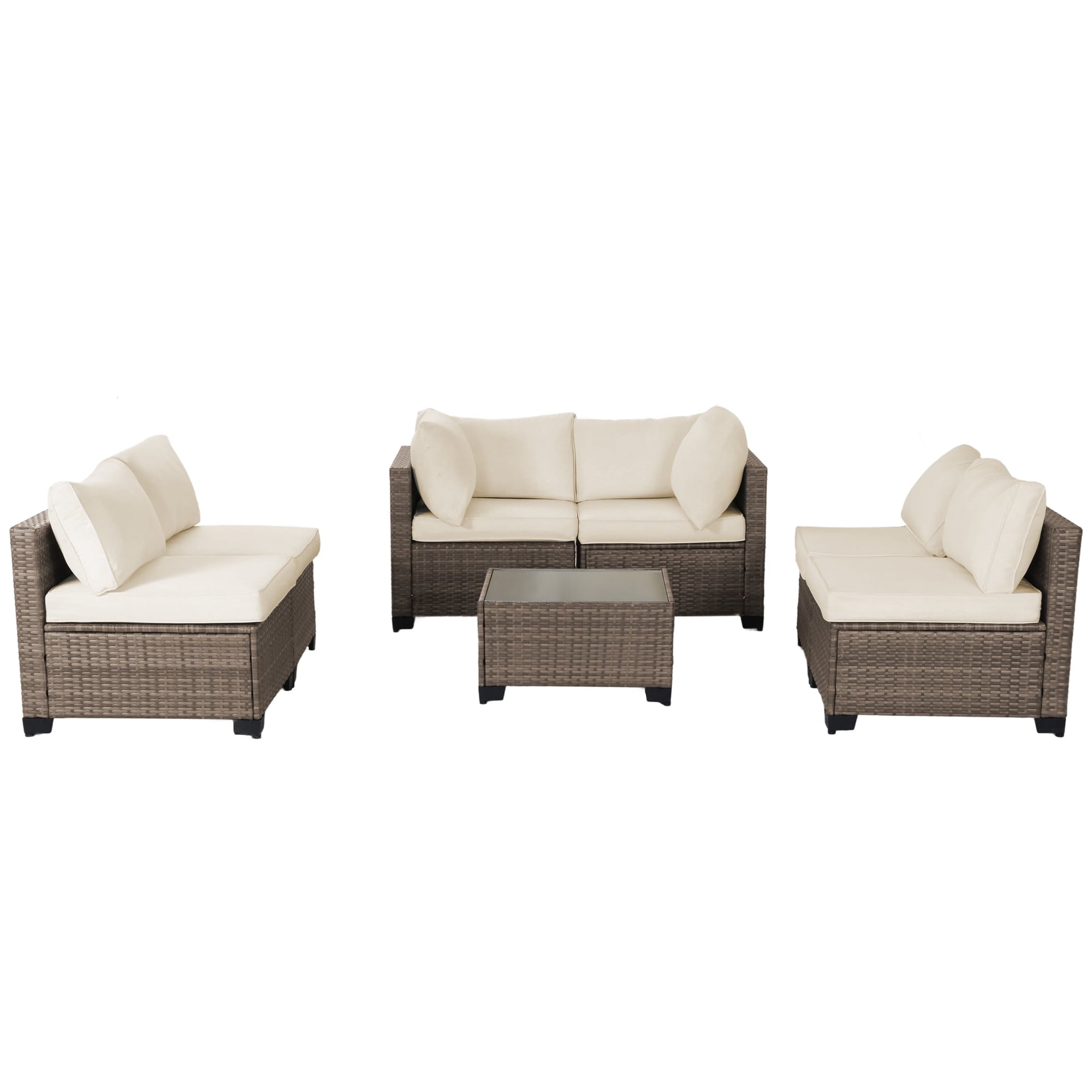 Furnibear 6 Piece Patio Furniture Sets, Rattan Wicker Outdoor Conversation Set with Ottoman and Tempered Glass Coffee Table