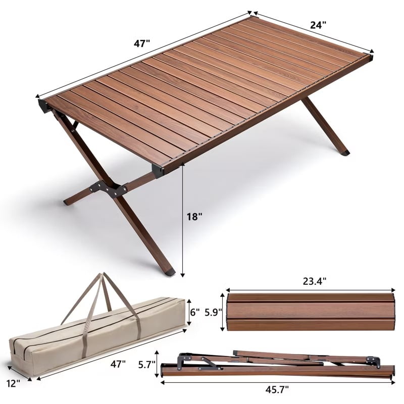 Furnibear 47in Lightweight Aluminum Roll-Top Camping Table, 110 lb Capacity ¨C Portable Folding Picnic Table with Carry Bag for BBQ, Beach, Tailgate, Backyard