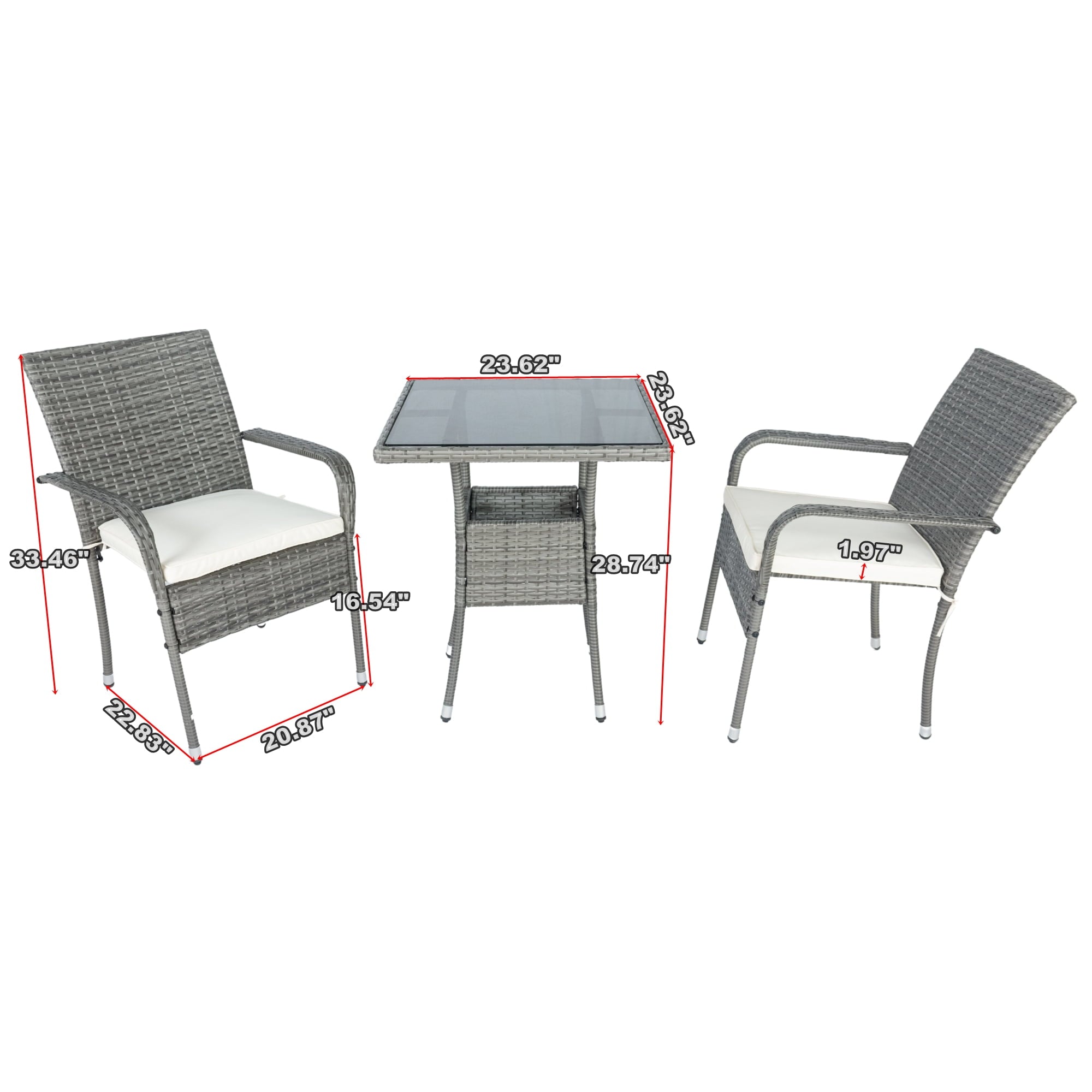 Furnibear 3 Piece Patio Conversation Set, Rattan Wicker Outdoor Conversation Set with Tempered Glass Table and Cushions