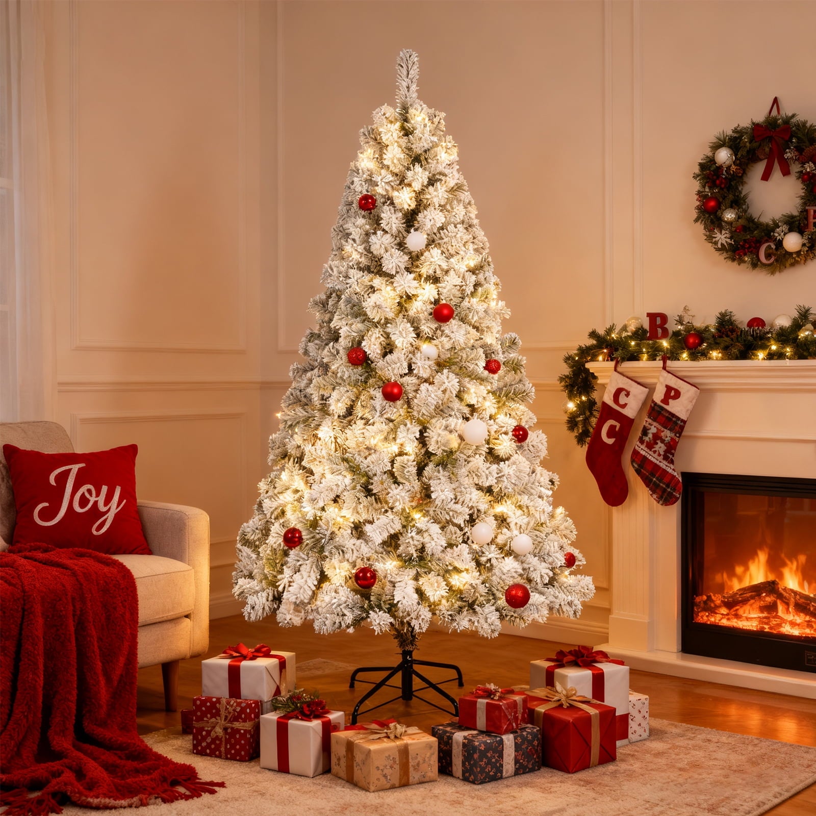 Furnibear 7.5ft Flocked Christmas Tree, 1405 Branch Tips Unlit Artificial Tree with Auto-Shaping