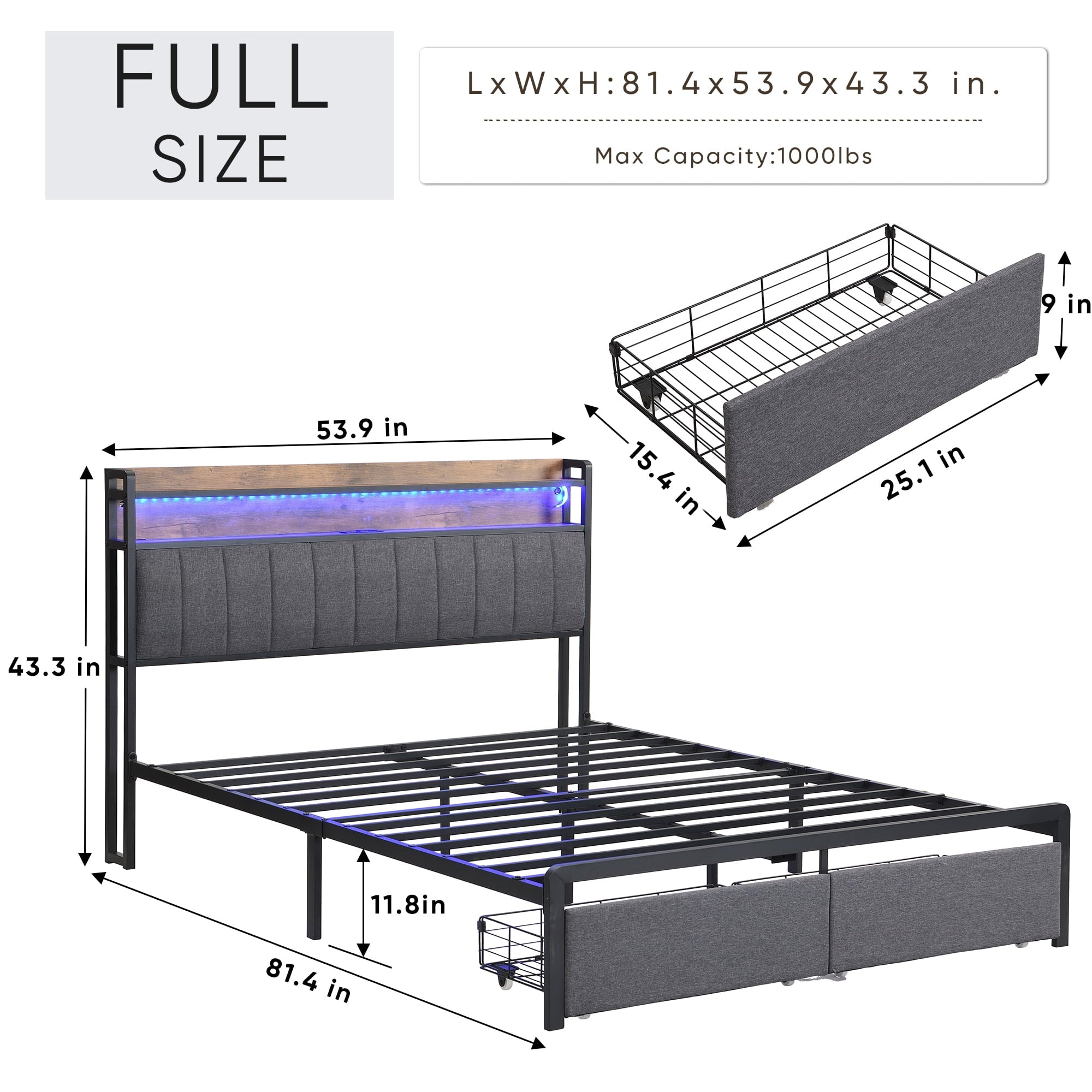 Furnibear Full Bed Frame with Upholstered Storage Headboard and Drawers, LED Platform Bed with Charging Station, No Box Spring Needed