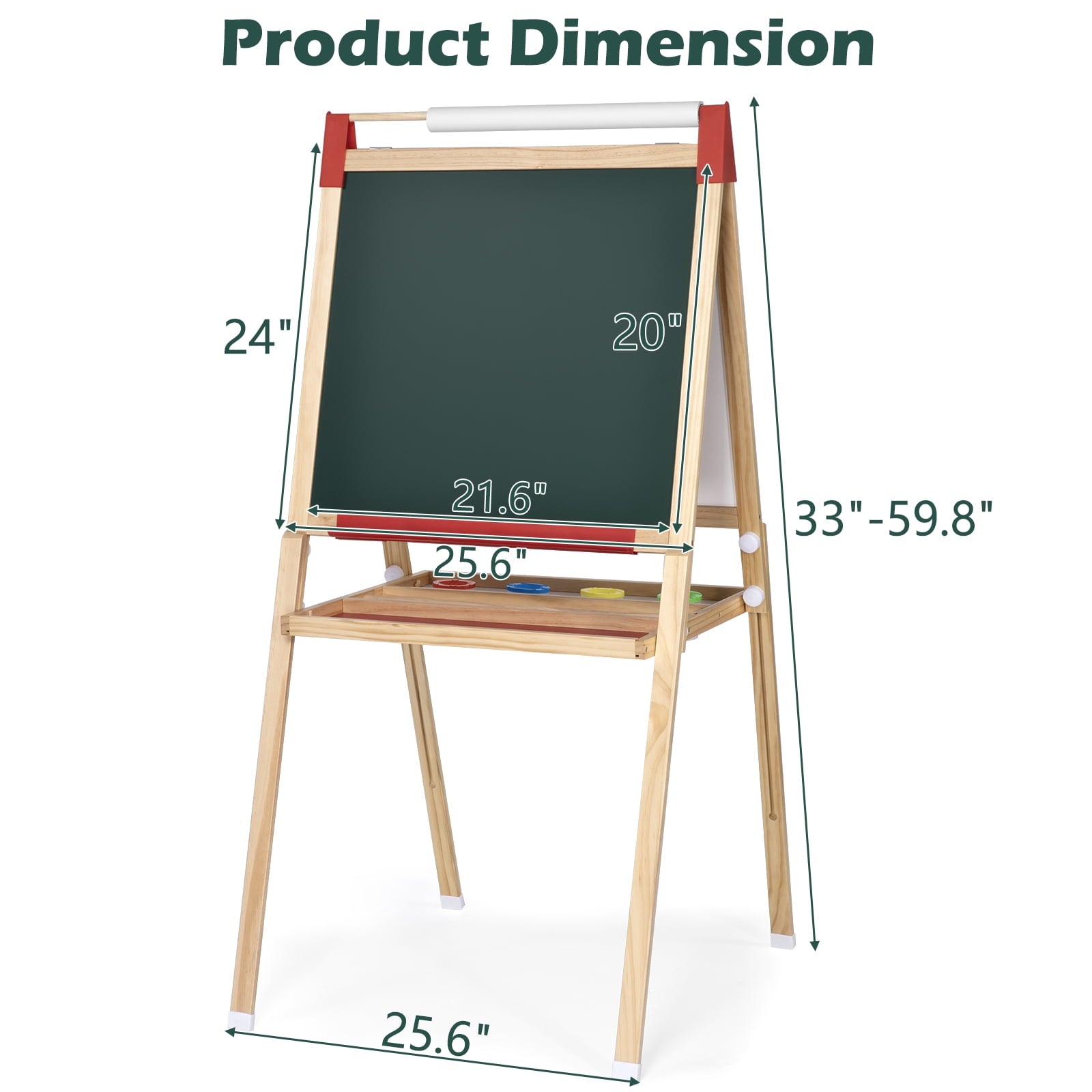 Furnibear Wooden Height-Adjustable Kids Art Easel (Fits Ages 3-12) - Double-Sided Magnetic Board (Dry Erase Whiteboard + Chalkboard), Smooth Burr-Free, Easy to Clean, Wood color