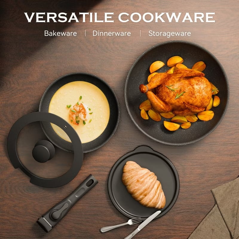 Furnibear 18-Piece Granite Ceramic Nonstick Cookware Set-Detachable Handle for Space-Saving, Compatible with Induction/Gas Stoves, Oven,Dishwasher Safe, Black