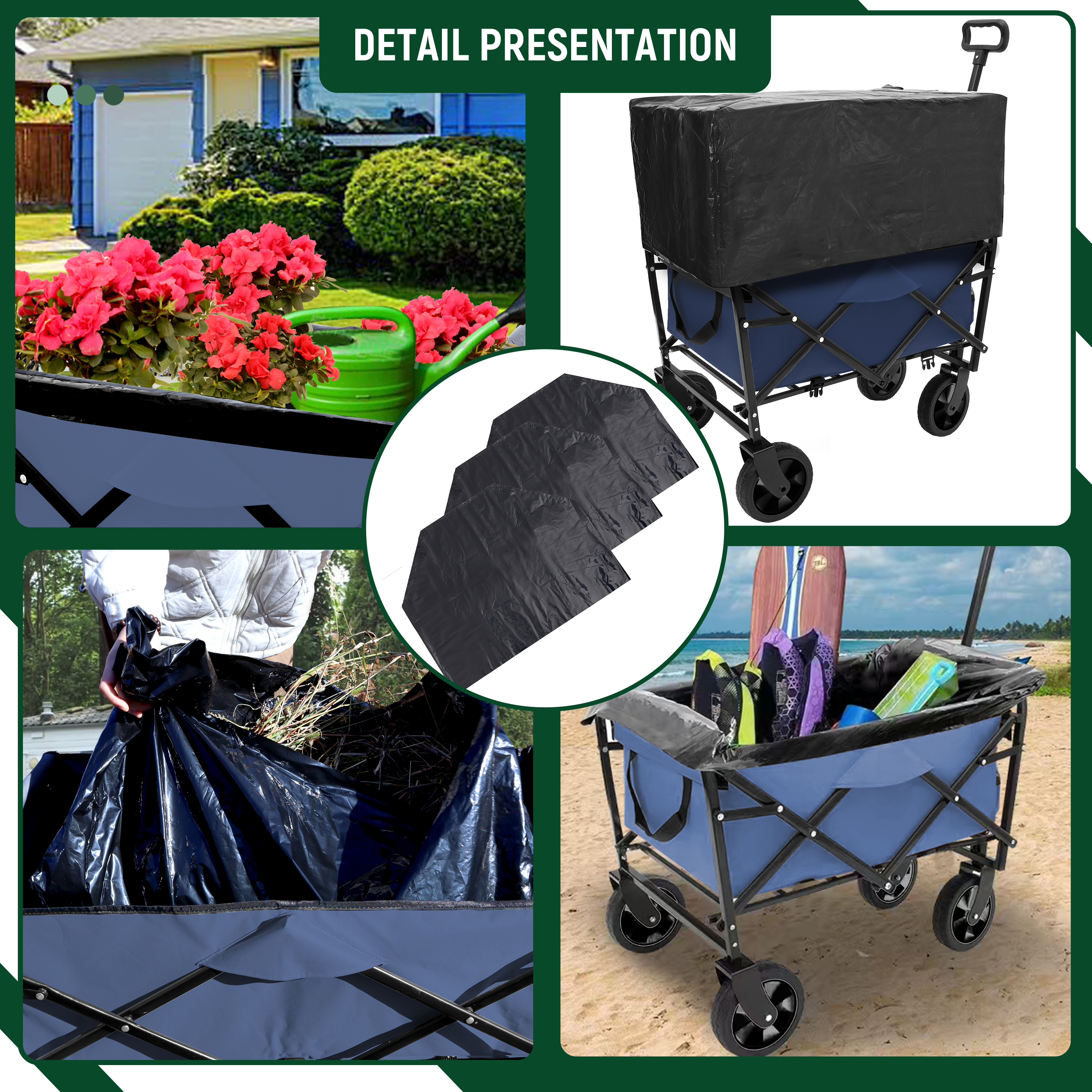 Furnibear Heavy-Duty Folding Wagon Cart with All-Terrain Wheels Includes 3 Liner Bags for Camping, Beach, Grocery,Bronze