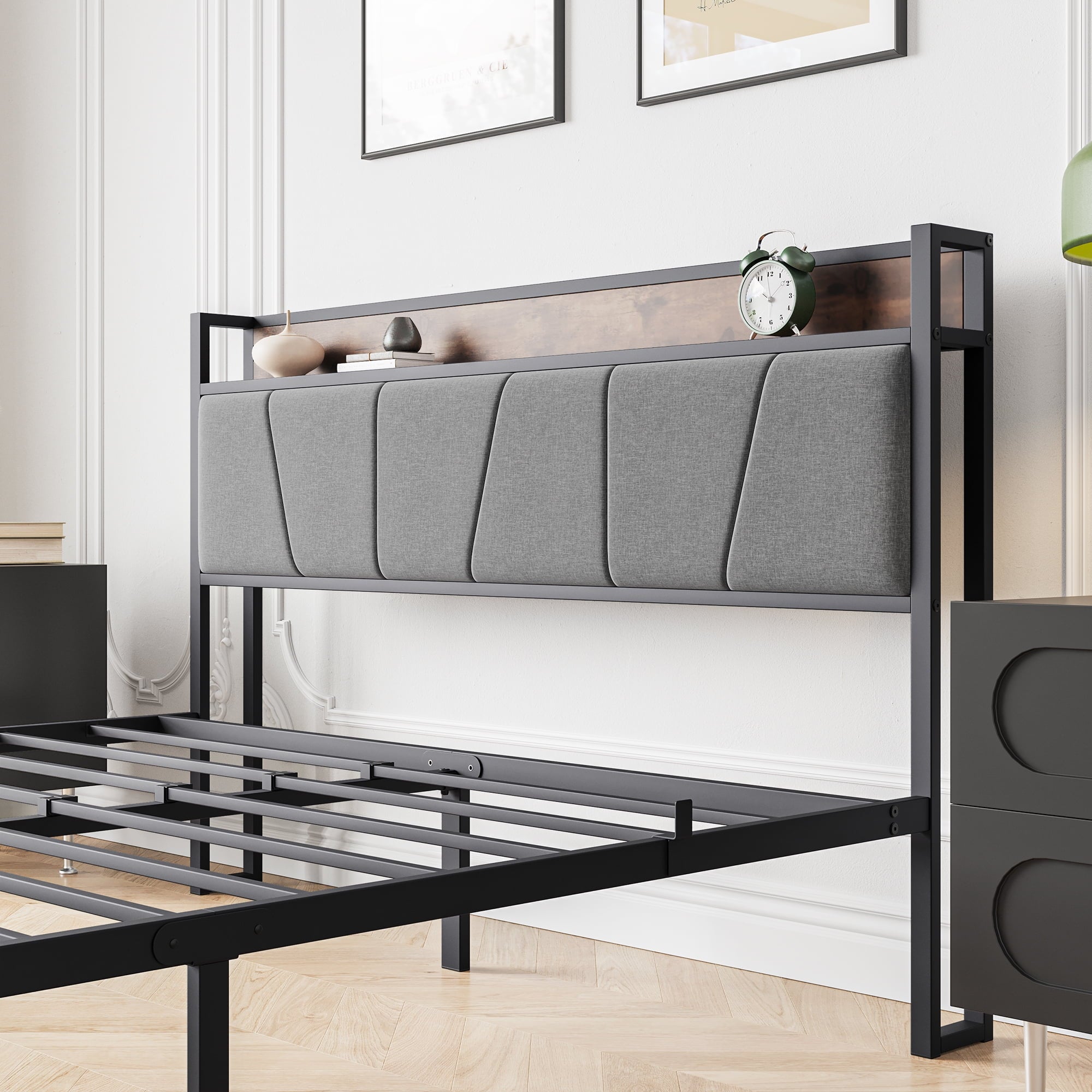 Furnibear Queen SIZE Bed Frame with Storage Headboard and USB Charging Station, Sturdy Shake-Free Platform, No Box Spring Needed, Easy Tool-Free Assembly