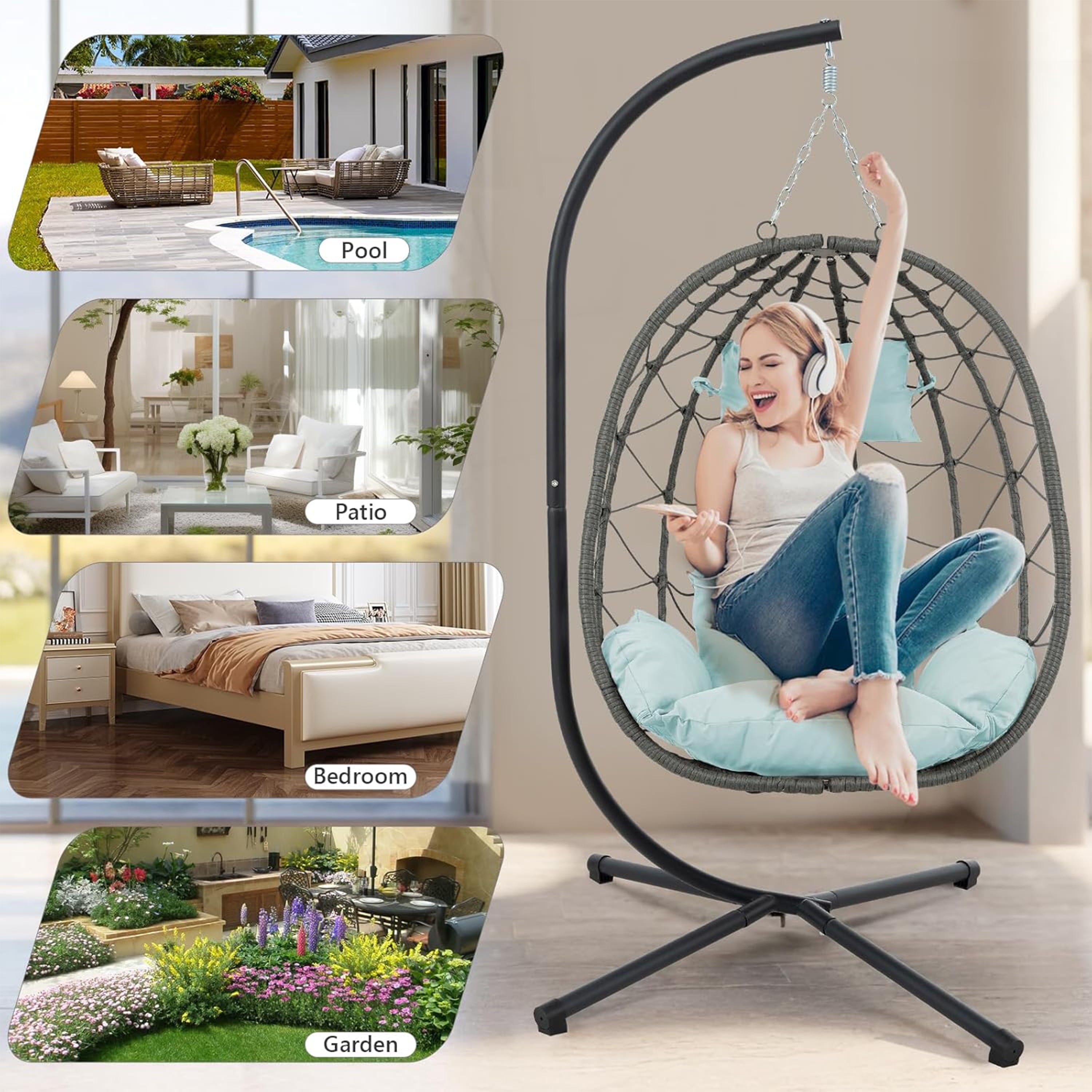 Furnibear Egg Chair with Stand,Patio Rattan Wicker Hanging Swing Egg Chair Hammock Chair for Bedroom Porch Garden,Thickened Aluminum Alloy Steel Frame