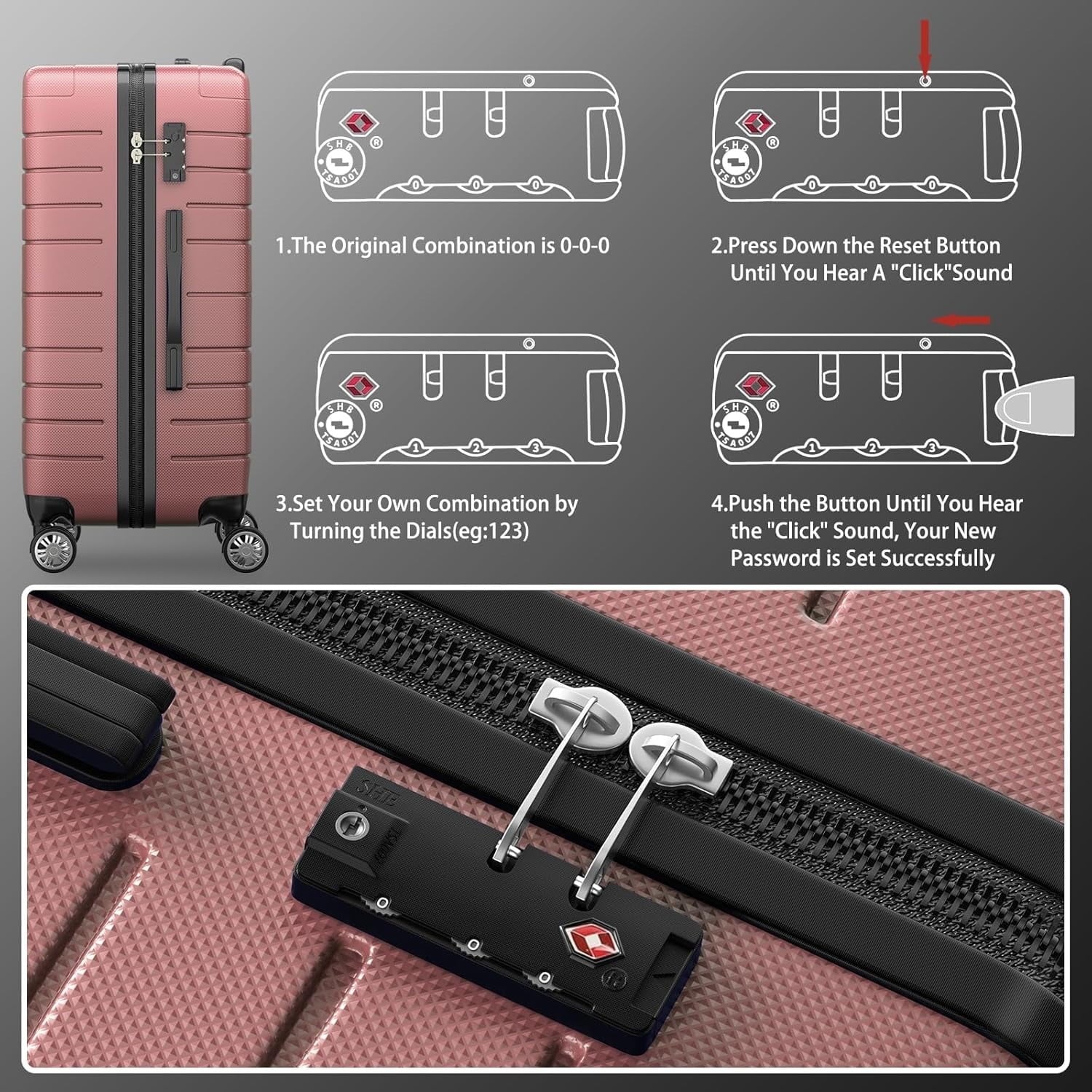 Furnibear Luggage Set 20/24/28 Inch 3 Piece - Hard Shell Suitcases with Spinner Wheels & TSA Lock, Lightweight Durable Luggage Set of 3 (Rose Pink), Rose Pink