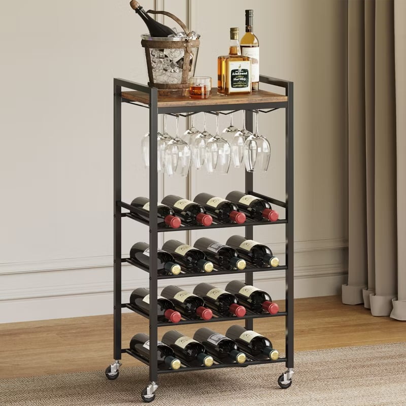 Furnibear 5-Tier Rolling Wine Rack with Glass Holder Tabletop - Holds 16 Bottles, Rustic Brown Iron/Wood Design for Kitchen, Bar or Dining Room