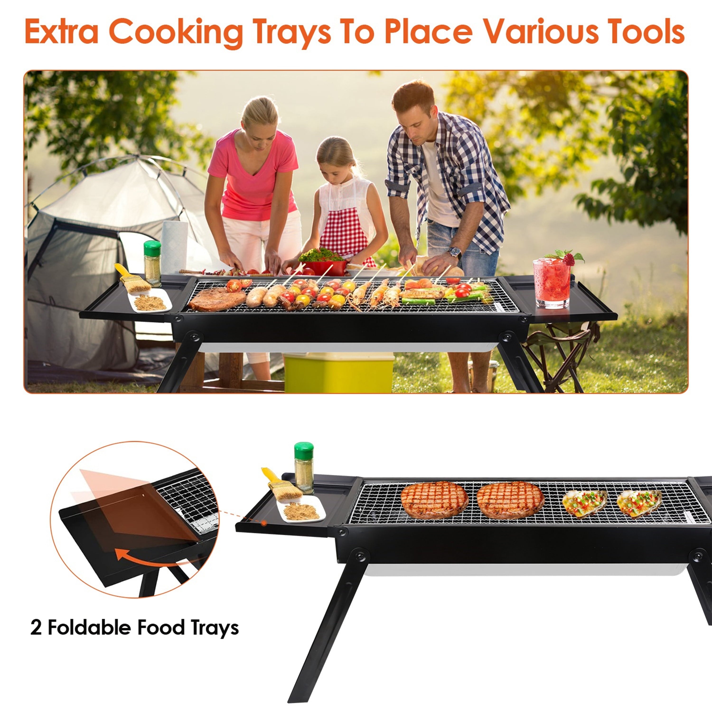 Furnibear Portable Charcoal Grill, Foldable Stainless Steel BBQ Grill with Side Table, Tabletop Grill for Outdoor Camping, Patio and Picnic
