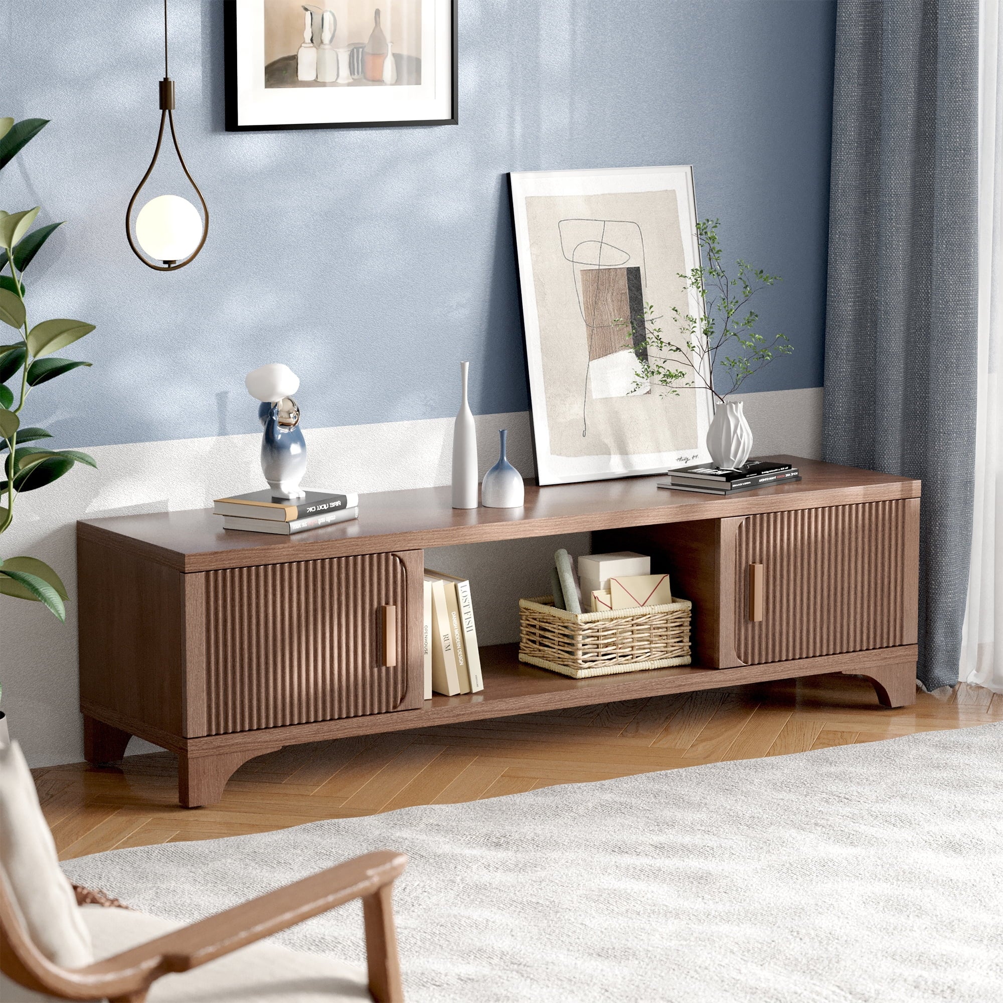 Furnibear Wood TV Stand Up to 70 Inch for Living Room, Mid Century Modern Entertainment Center, TV Console with Fluted Door Cabinets and Open Shelves, for Bedroom, Walnut