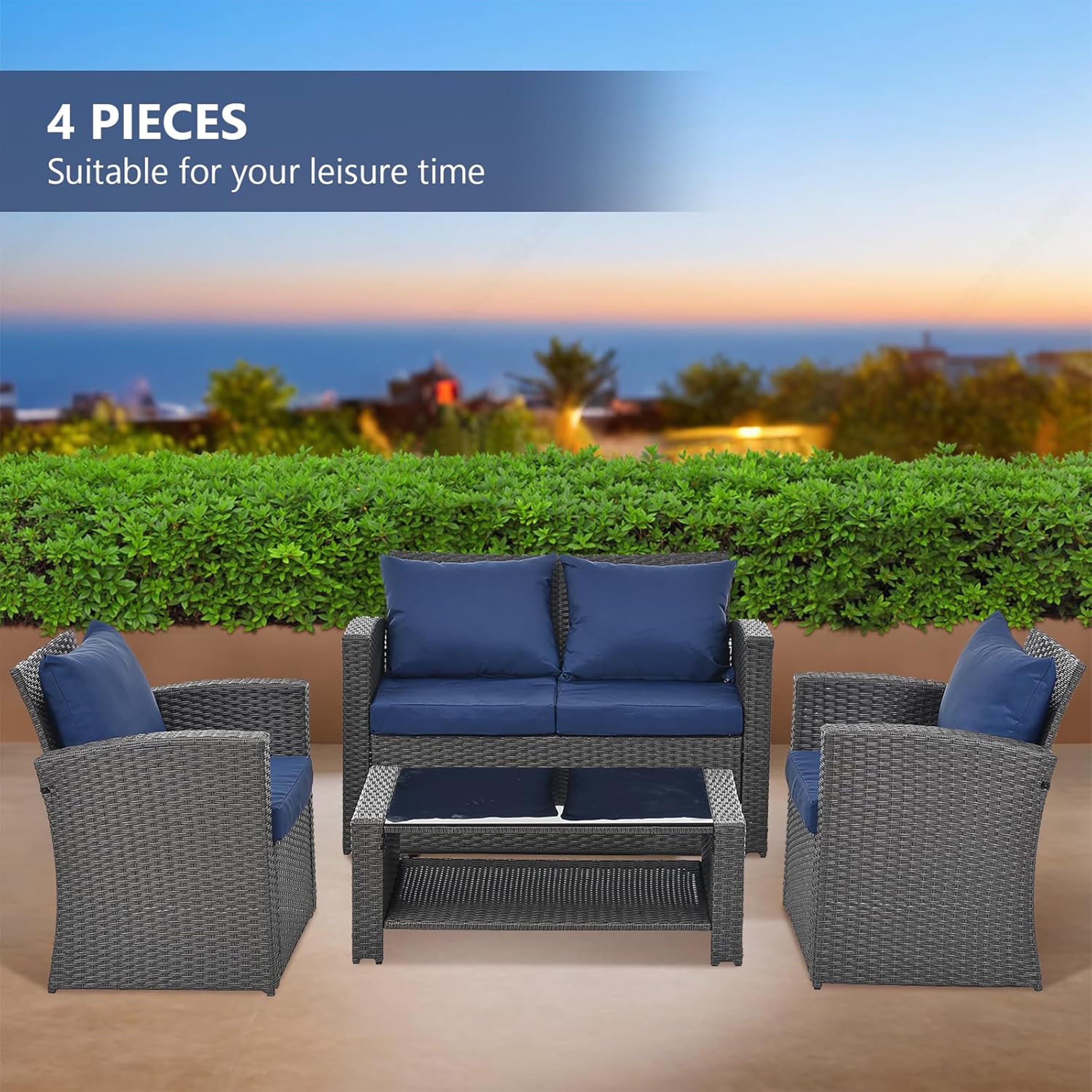 Furnibear 4 Pieces Patio Conversation Set, Outdoor Rattan Sectional Sofa, Cushioned Patio Furniture Set, Wicker Sofa Ideal for Garden, Porch, Backyard