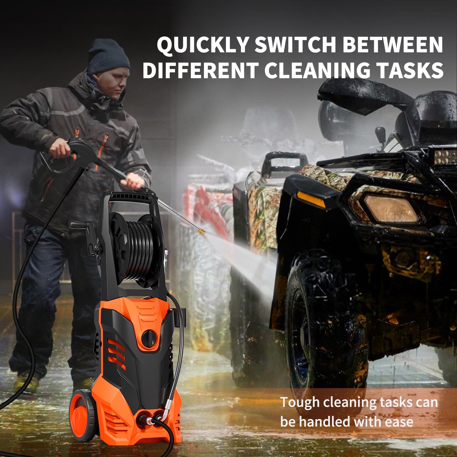 Furnibear 3800 PSI Electric Pressure Washer - Lightweight with Wheels, Easy to Assemble, 2.0GPM, Includes 5 Nozzles for Cars, Fences, Driveways, Orange