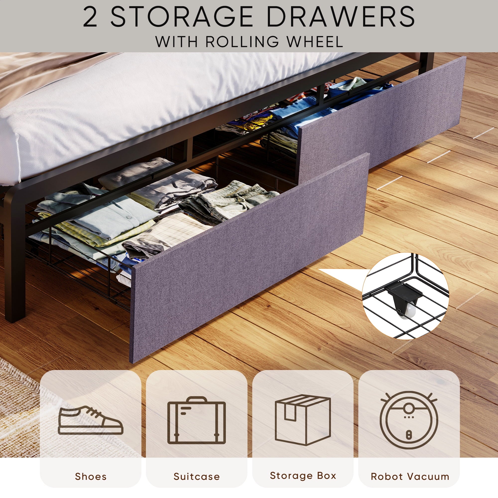 Furnibear King Bed Frame with Upholstered Storage Headboard and Drawers, LED Platform Bed with Charging Station, No Box Spring Needed