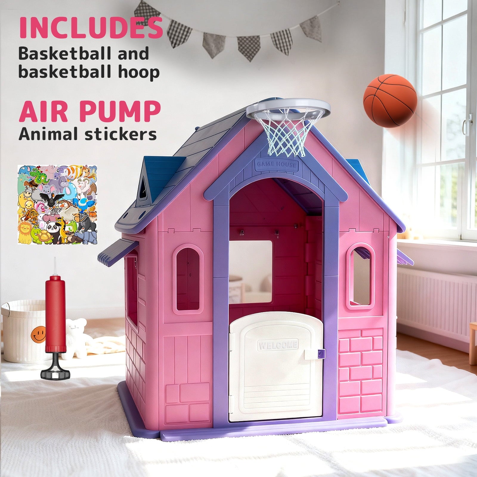 Furnibear Kids Playhouse Indoor Outdoor Slide Football Basketball Ring Toss Play House for Girls Boys Kids 2-8 Years Old