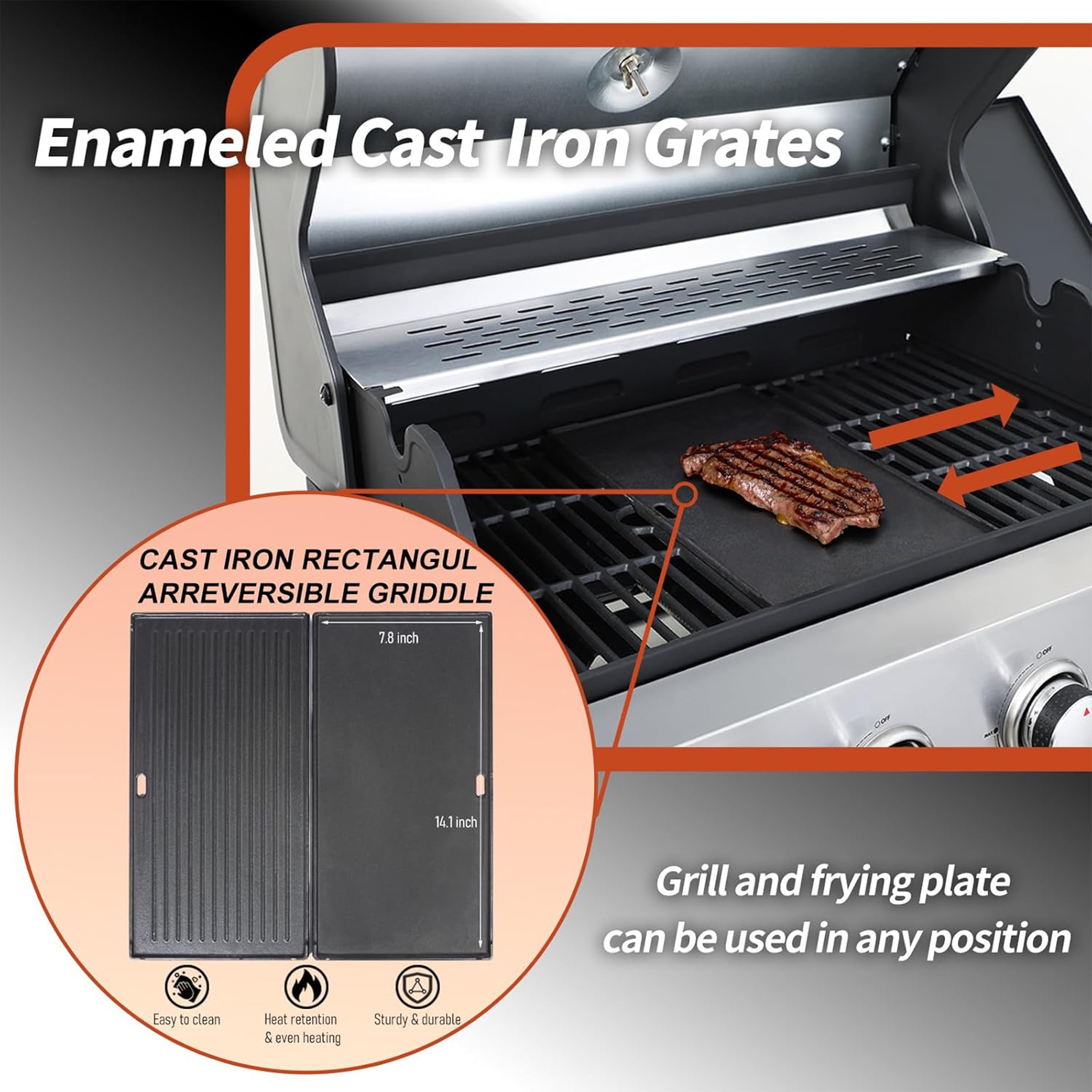 Furnibear 4-Burner Gas Grill Side Burner, Propane Stainless Steel BBQ Grill with Porcelain-Enameled Cast Iron Grates, 46790 BTU Barbecue Grill for Outdoor Cooking