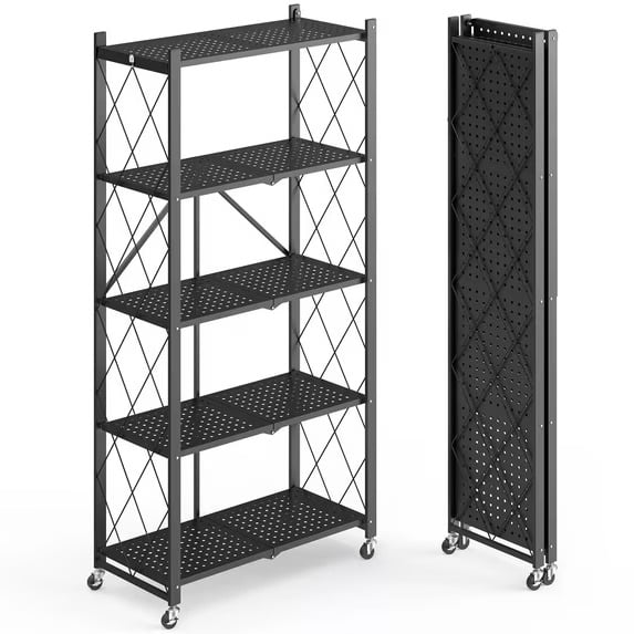 Furnibear Foldable 5 Tier Storage Shelf with Wheels Metal Rack Collapsible Shelving Unit Display, Rolling Cartfor Garage, Pantry, Office ,Black