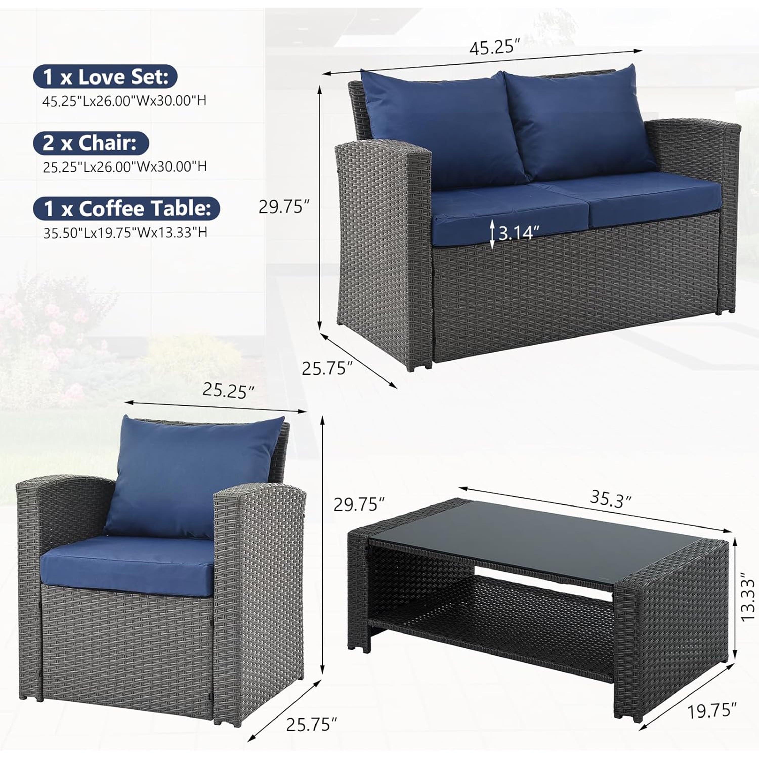 Furnibear 4 Pieces Patio Conversation Set, Outdoor Rattan Sectional Sofa, Cushioned Patio Furniture Set, Wicker Sofa Ideal for Garden, Porch, Backyard