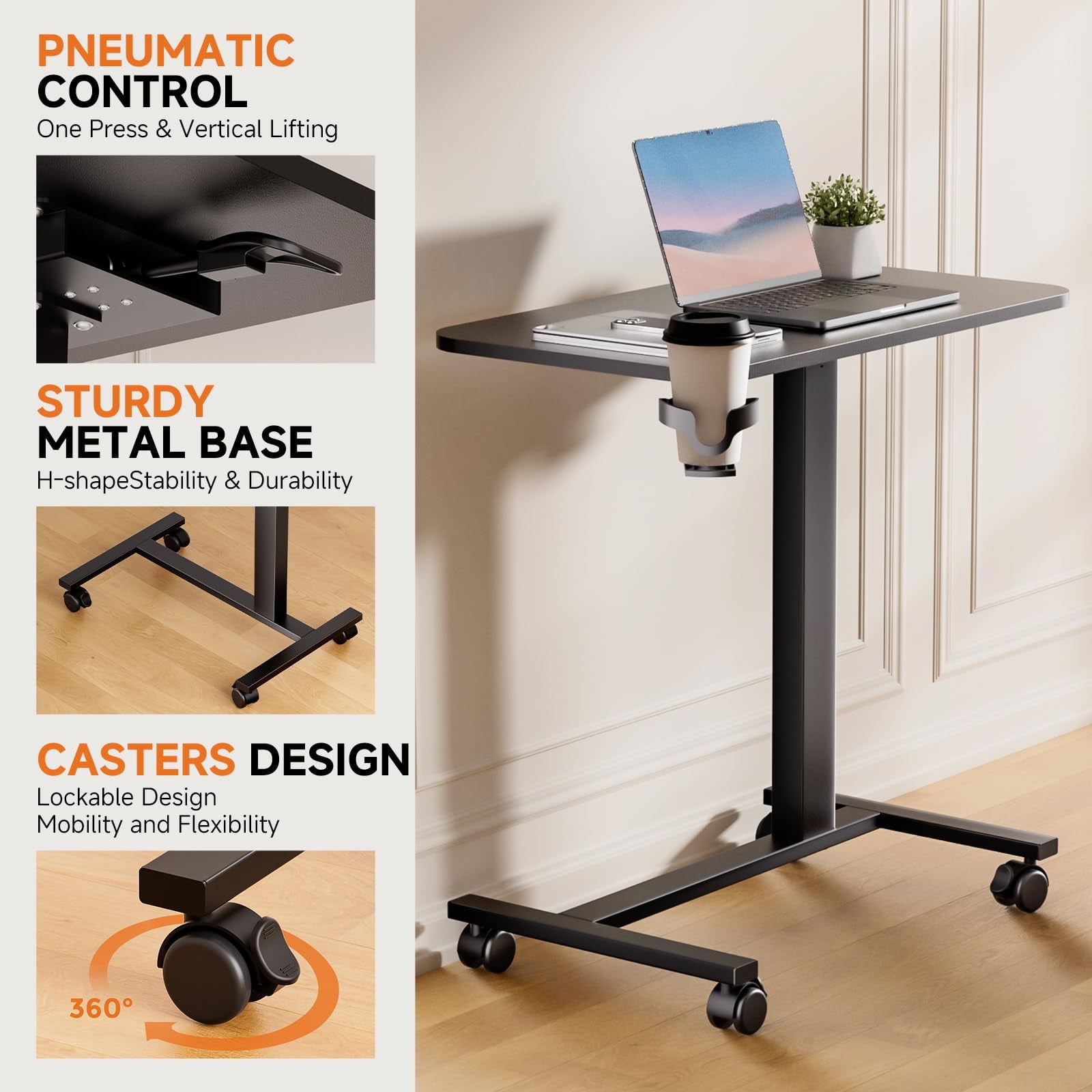 Furnibear Adjustable Rolling Desk with Lockable Wheels, Portable Bed Side Table Standing Laptop Desk Black