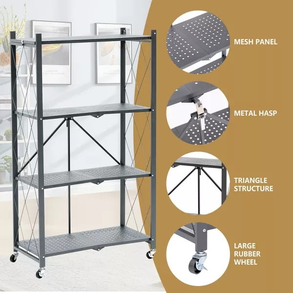 Furnibear Storage Shelves, 4-Shelf Foldable Metal Shelving Units with Wheels for Garage Kitchen Bakers,Collapsible Organizer Rack,Gray
