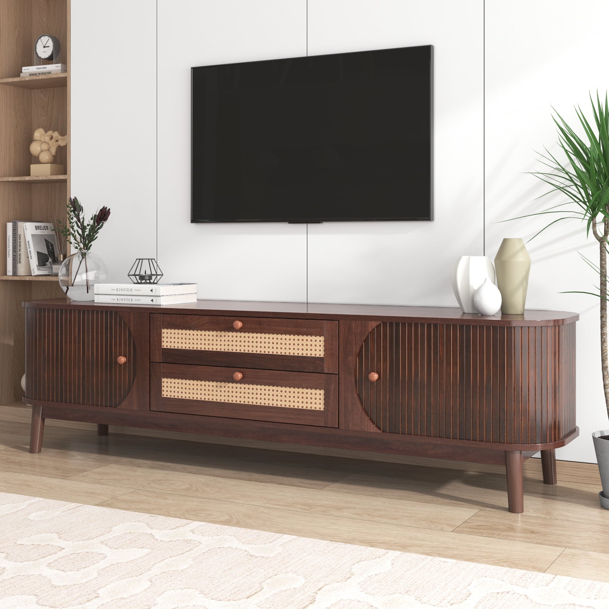 Furnibear Rattan TV Stand for TVs up to 75 inch, Modern Farmhouse Media Console, Entertainment Center with Solid Wood Legs, TV Cabinet for Living Room,Home Theatre