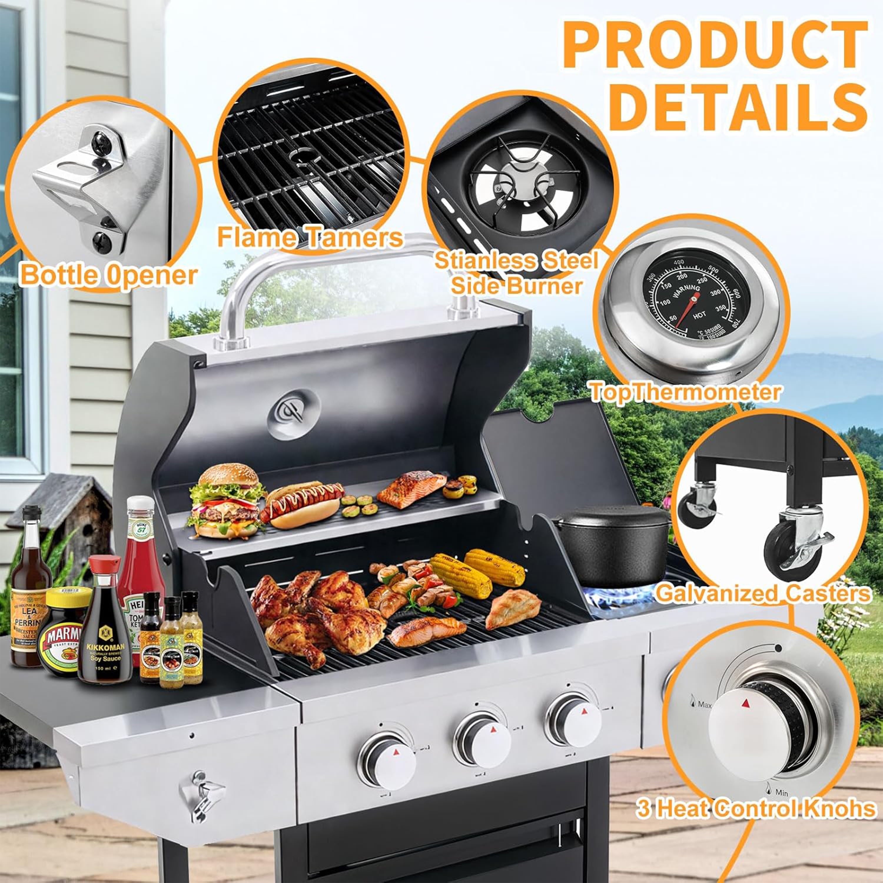 Furnibear Propane Grill 3 Burner Barbecue Grill Stainless Steel Gas Grill with Side Burner and grill Cover