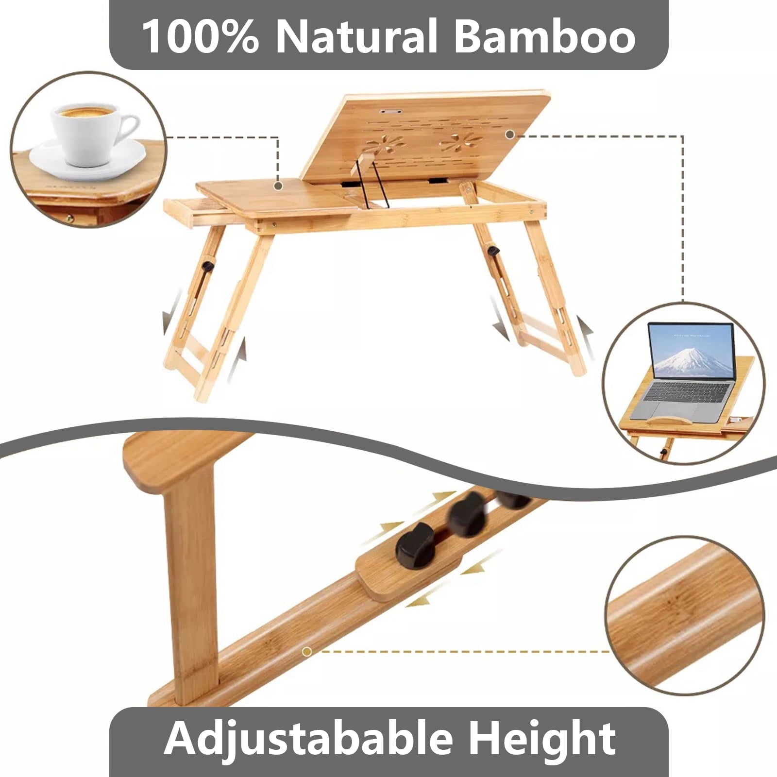 Furnibear Adjustable Height/Angle Bamboo Bed Tray Laptop Desk - Folding for Space-Saving, Built-in Drawer for Small Items Storage
