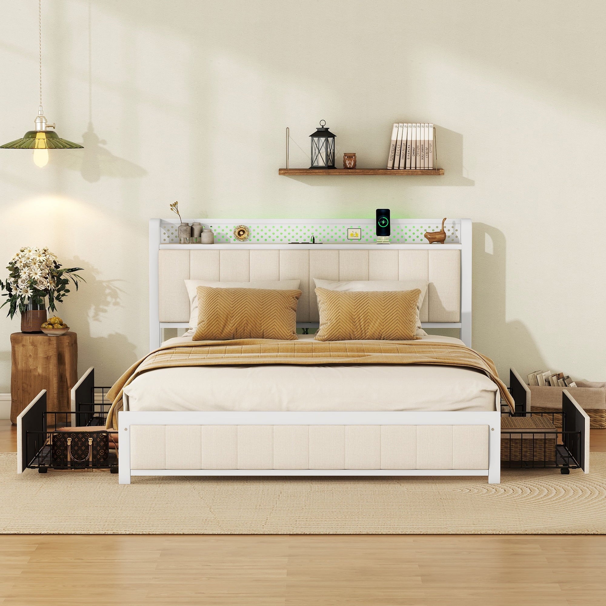 Furnibear Queen Bed Frame with LED Headboard, Upholstered Bed with 4 Storage Drawers and USB Ports, Beige
