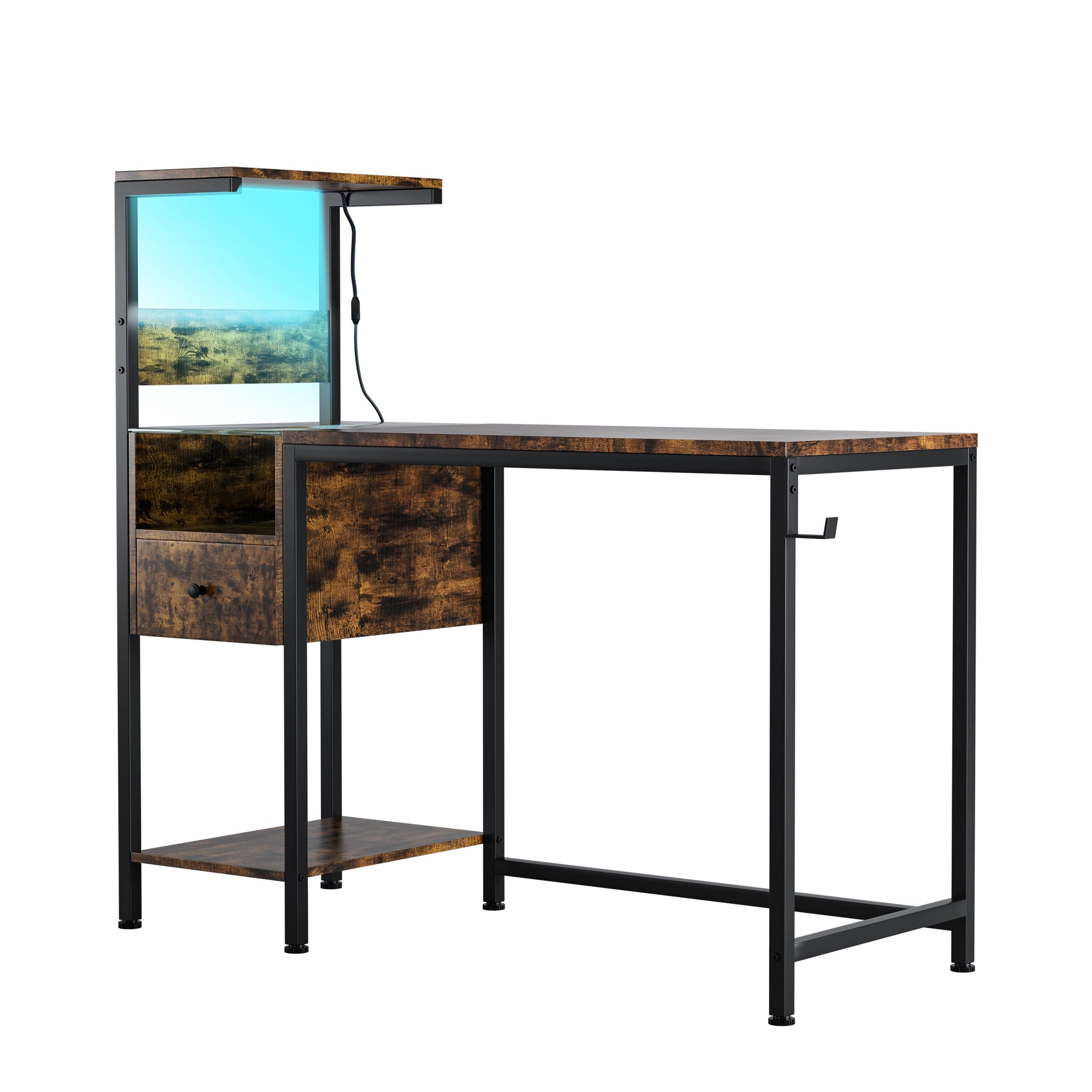Furnibear Computer Desk with Power Outlet and Storage Shelves,Brown