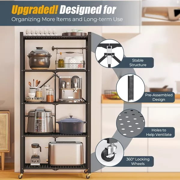 Furnibear 5-Tier Heavy-Duty Foldable Storage Shelf with Lockable Wheels (750 lbs Capacity) - No Assembly Metal Organizer Rack for Home/Garage/Office, Instant Setup Anti-Wobble, Black