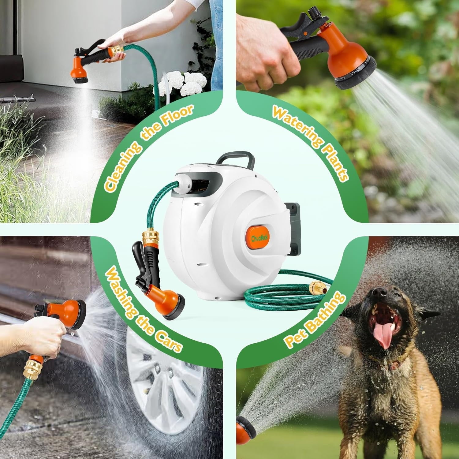 Furnibear 100in(30M) Garden Hose Reel with Handle and Adjustable Nozzle, Heavy-Duty Resin Case for 1/2in Hose