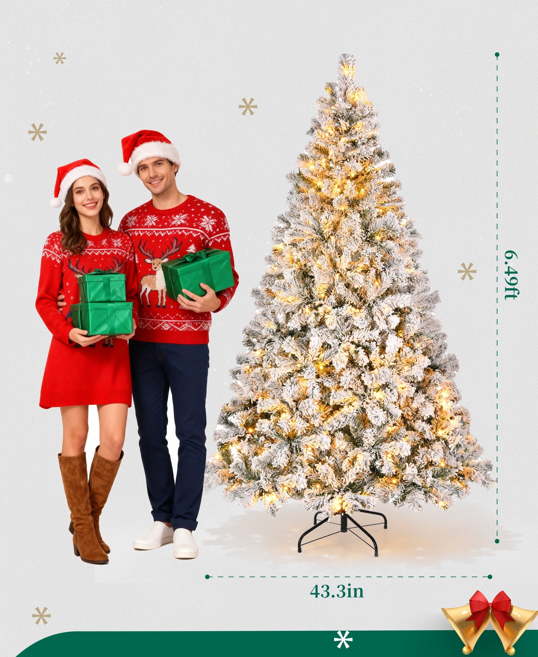 Furnibear 6ft Pre-Lit Flocked Christmas Tree, 1000 Tips with 250 Warm White Lights & Automatic Fluffing