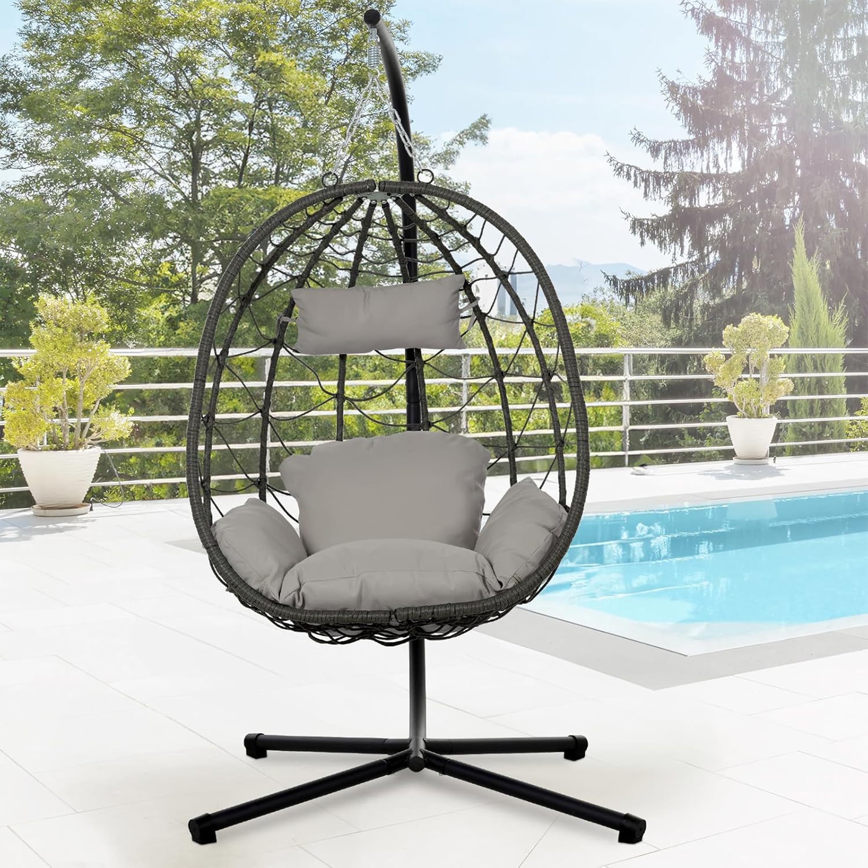 Furnibear Egg Chair with Stand,Patio Rattan Wicker Hanging Swing Egg Chair Hammock Chair for Bedroom Porch Garden,Thickened Aluminum Alloy Steel Frame