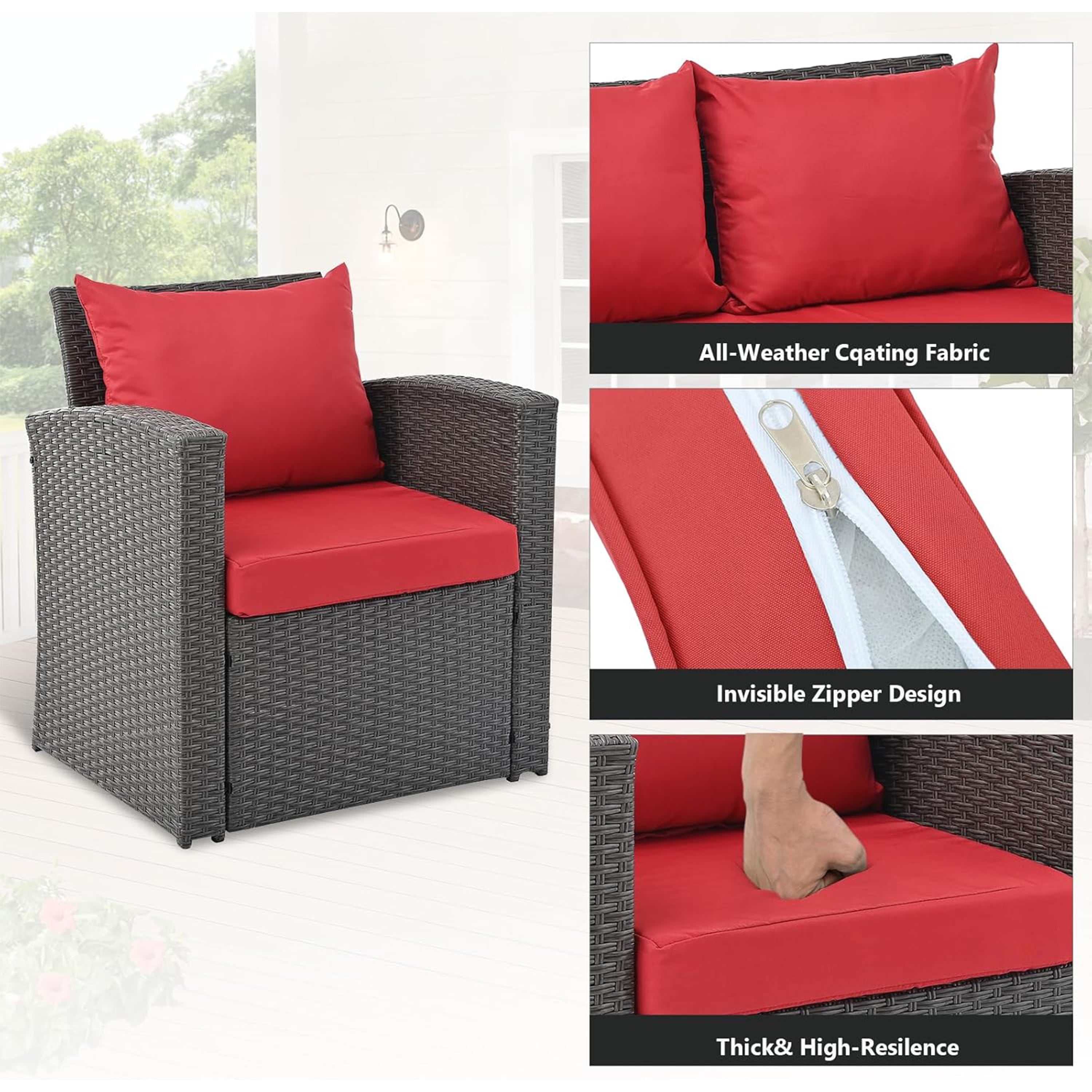 Furnibear 4 Pieces Patio Conversation Set, Outdoor Rattan Sectional Sofa, Cushioned Patio Furniture Set, Wicker Sofa Ideal for Garden, Porch, Backyard