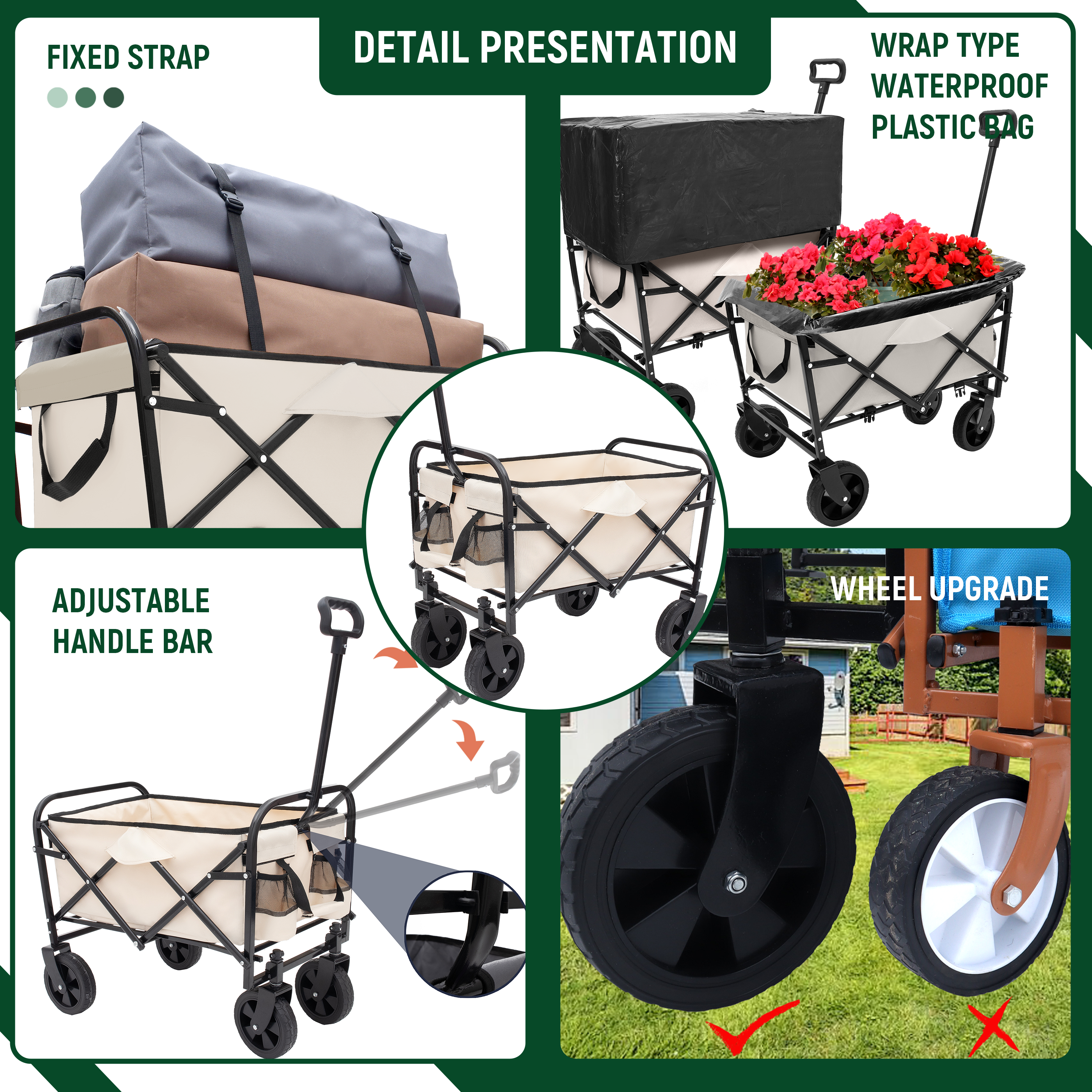 Furnibear Heavy-Duty Folding Wagon Cart with All-Terrain Wheels Includes 3 Liner Bags for Camping, Beach, Grocery,Off-White