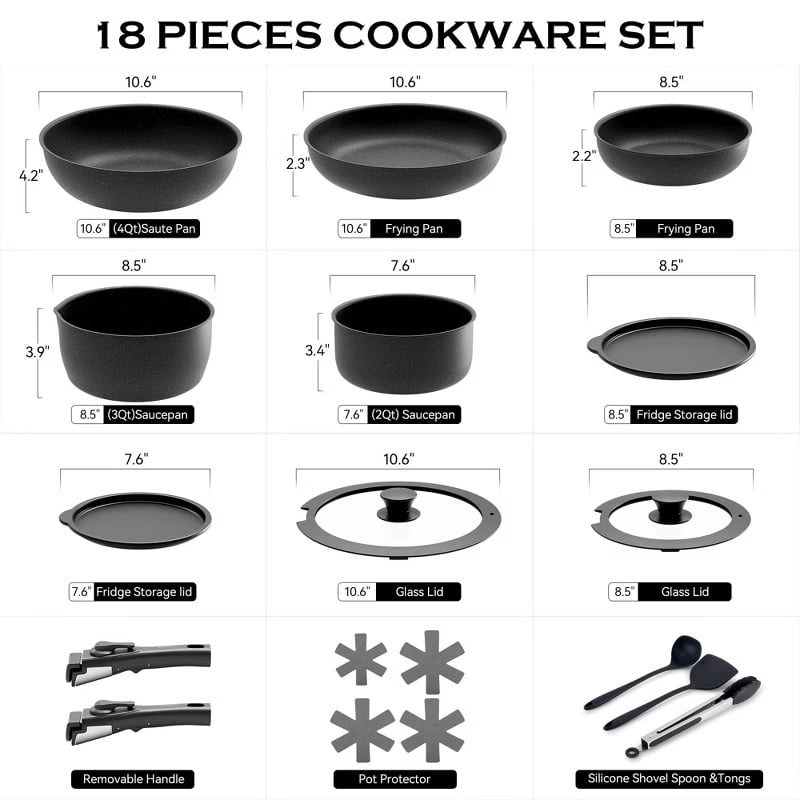 Furnibear 18-Piece Granite Ceramic Nonstick Cookware Set-Detachable Handle for Space-Saving, Compatible with Induction/Gas Stoves, Oven,Dishwasher Safe, Black