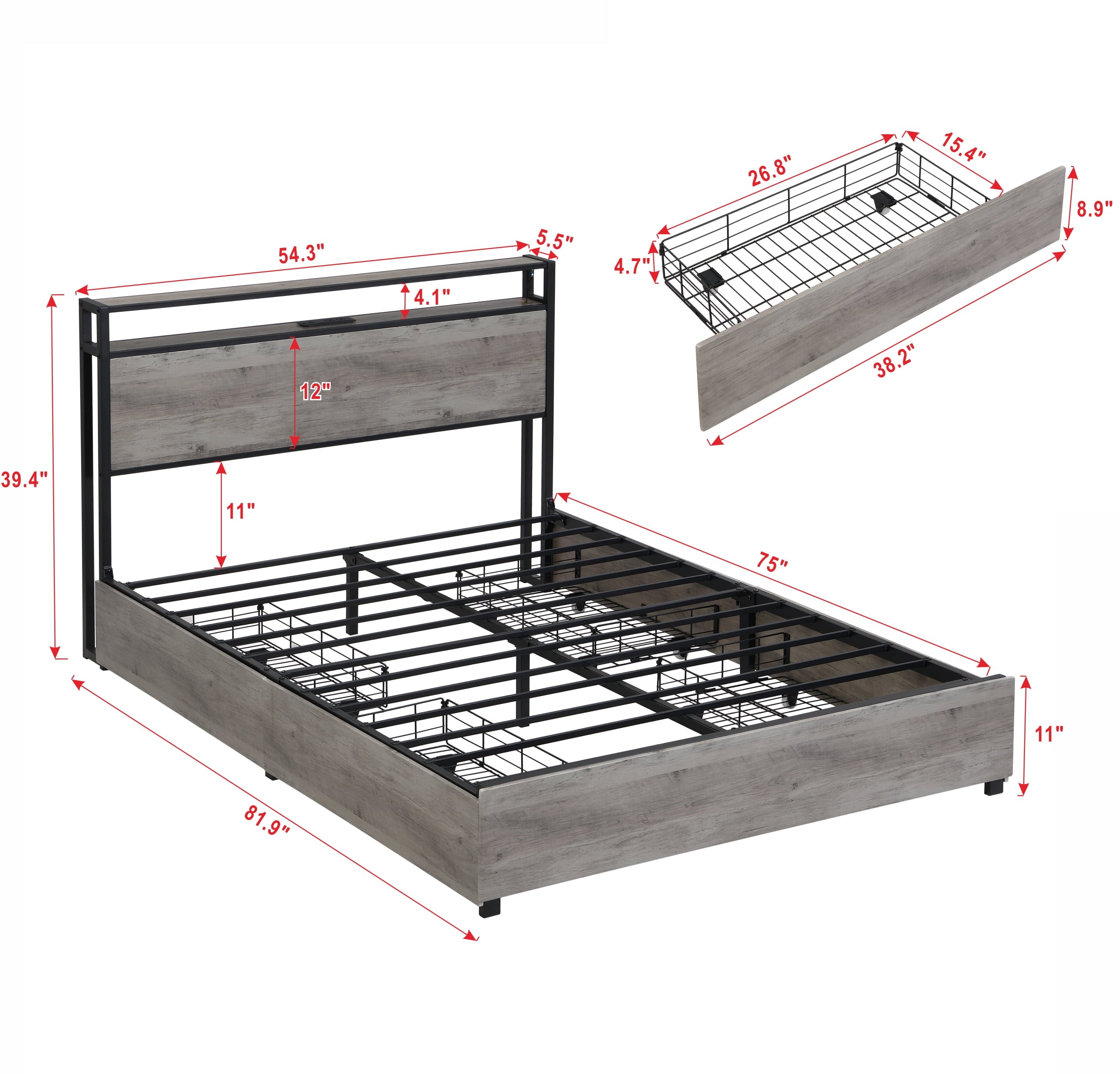 Furnibear Full Bed Frame with USB Charging Station and Storage Headboard, Heavy-Duty Shake-Free Platform, No Box Spring Needed, Easy Tool-Free Assembly, Gray
