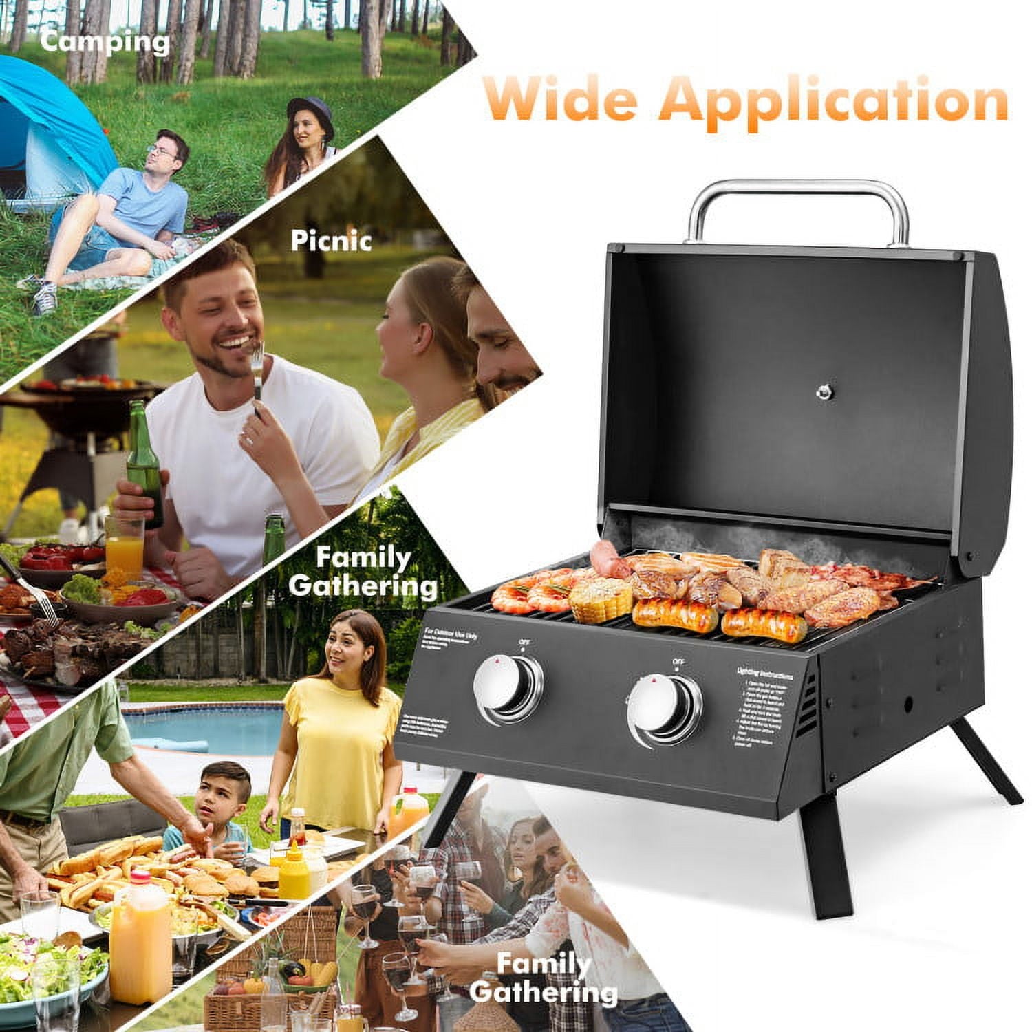 Furnibear 2 Burner Portable Propane Gas Grill, Black