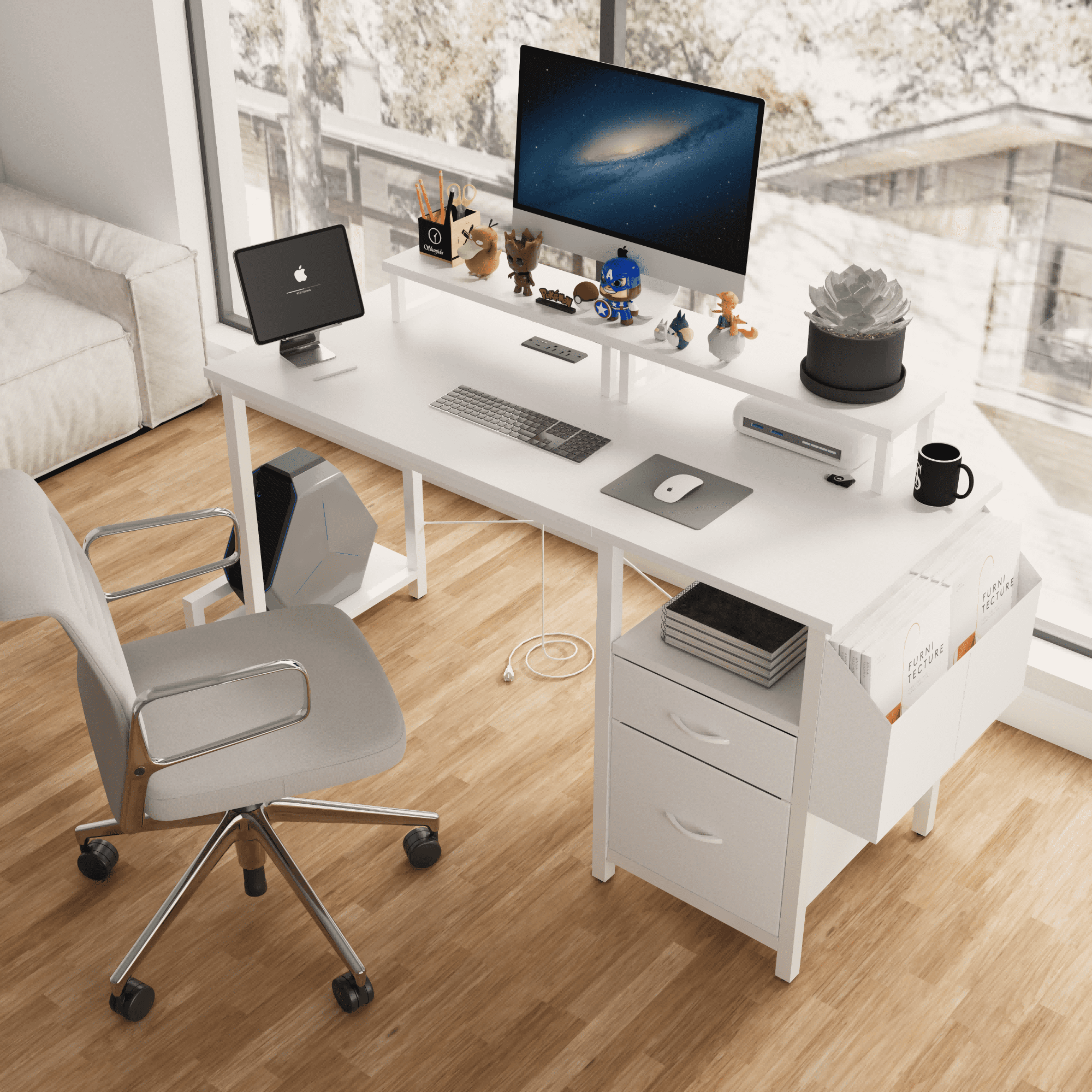 Furnibear Computer Desk with Drawer and Power Outlets, 47in Office Desk with 2 Monitor Stands and Fabric File Cabinet for Home Office, Small Space