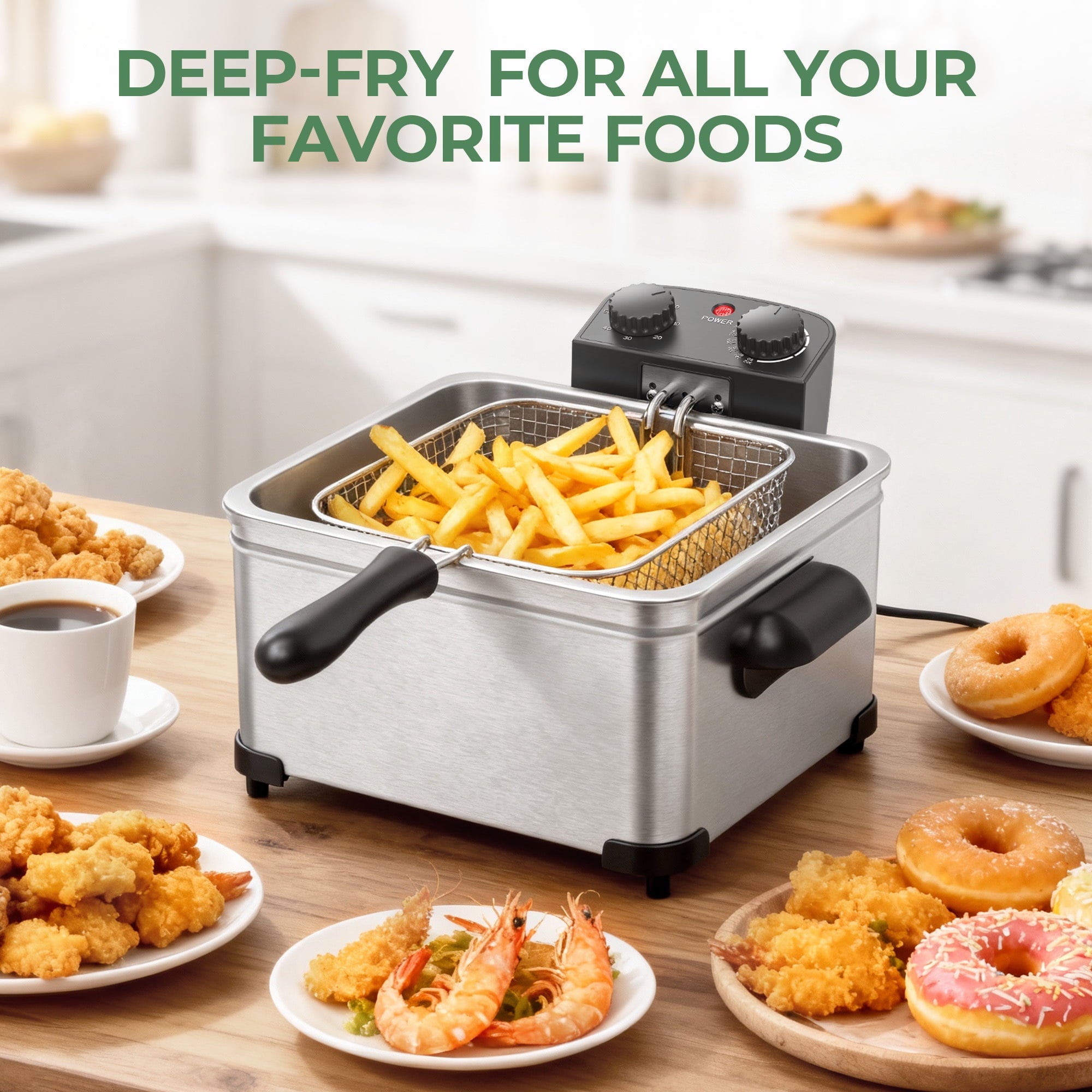 Furnibear Electric Deep Fryer with 3 Frying Baskets, 5L 1700W Large Fryer Adjustable Temperature,View Window Lid for Kitchen, Fry Fish for Home Use,Silver