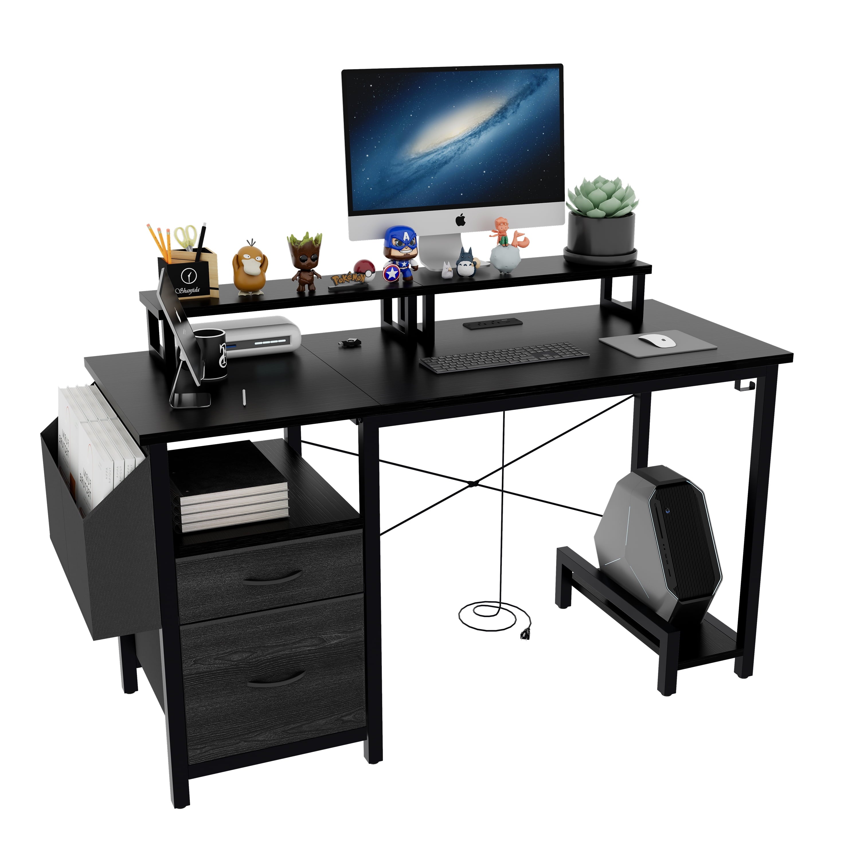 Furnibear Computer Desk with Drawer and Power Outlets, 47in Office Desk with 2 Monitor Stands and Fabric File Cabinet for Home Office, Small Space