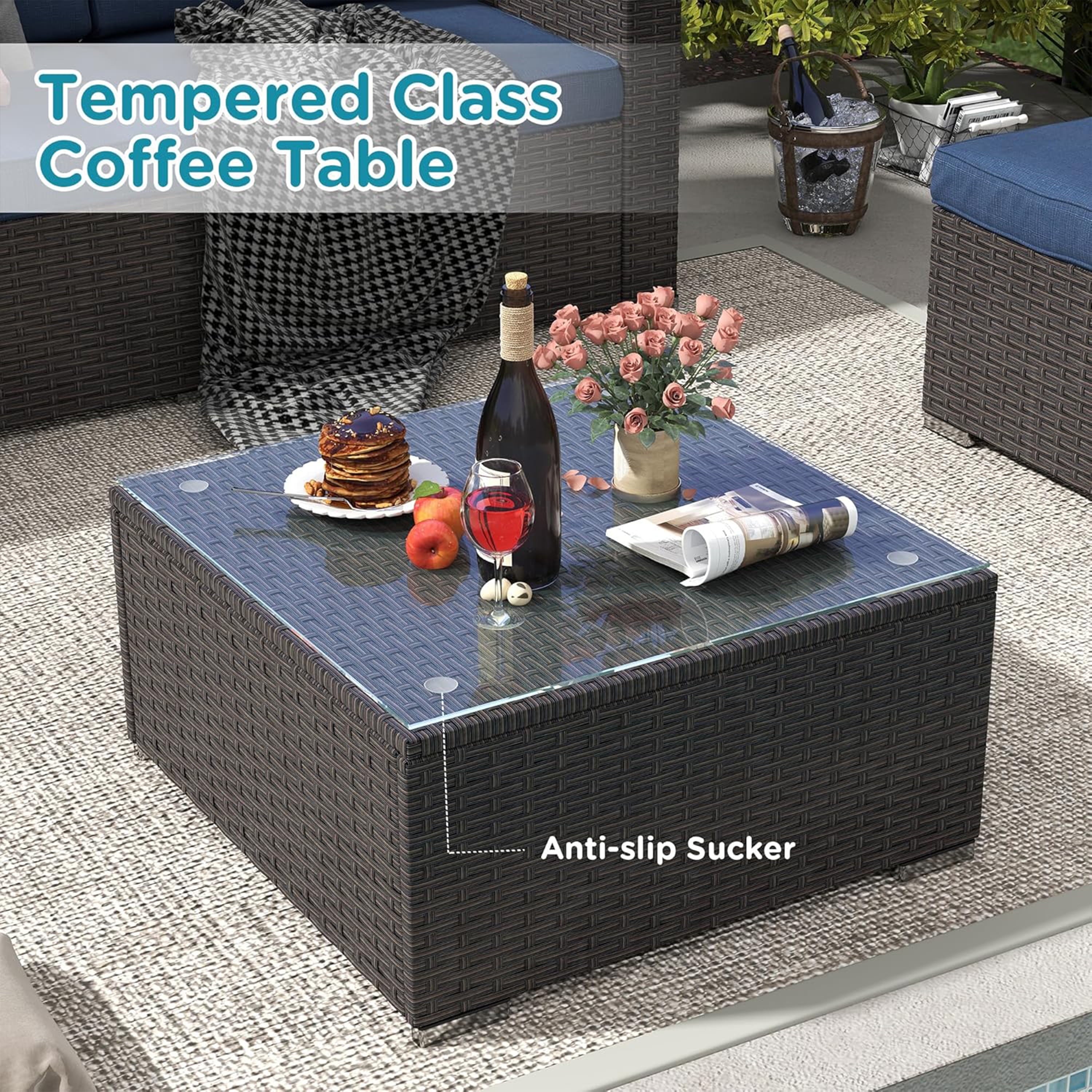 Furnibear 7 Pieces Outdoor Patio Sectional Sofa Couch, Black Wicker Patio Furniture Conversation Sets with Washable Cushions and Glass Coffee Table for Garden, Poolside, Backyard