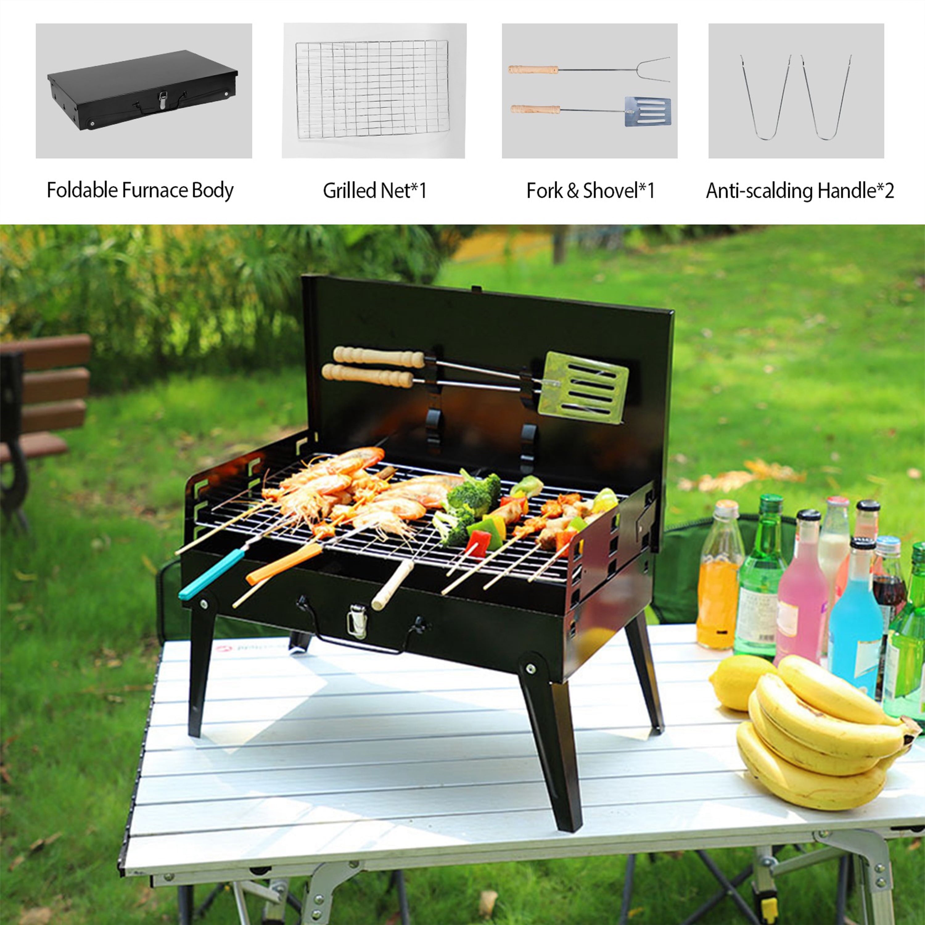 Furnibear Portable Charcoal Grill, Foldable Stainless Steel BBQ Grill Kit, Mini Tabletop Grill for Outdoor Camping, Patio and Picnic
