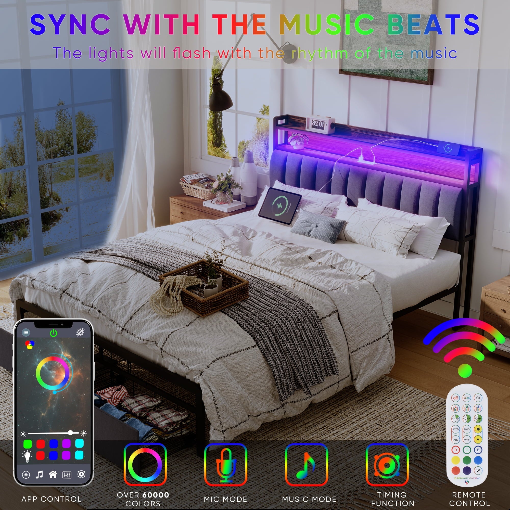 Furnibear Full Bed Frame with Upholstered Storage Headboard and Drawers, LED Platform Bed with Charging Station, No Box Spring Needed