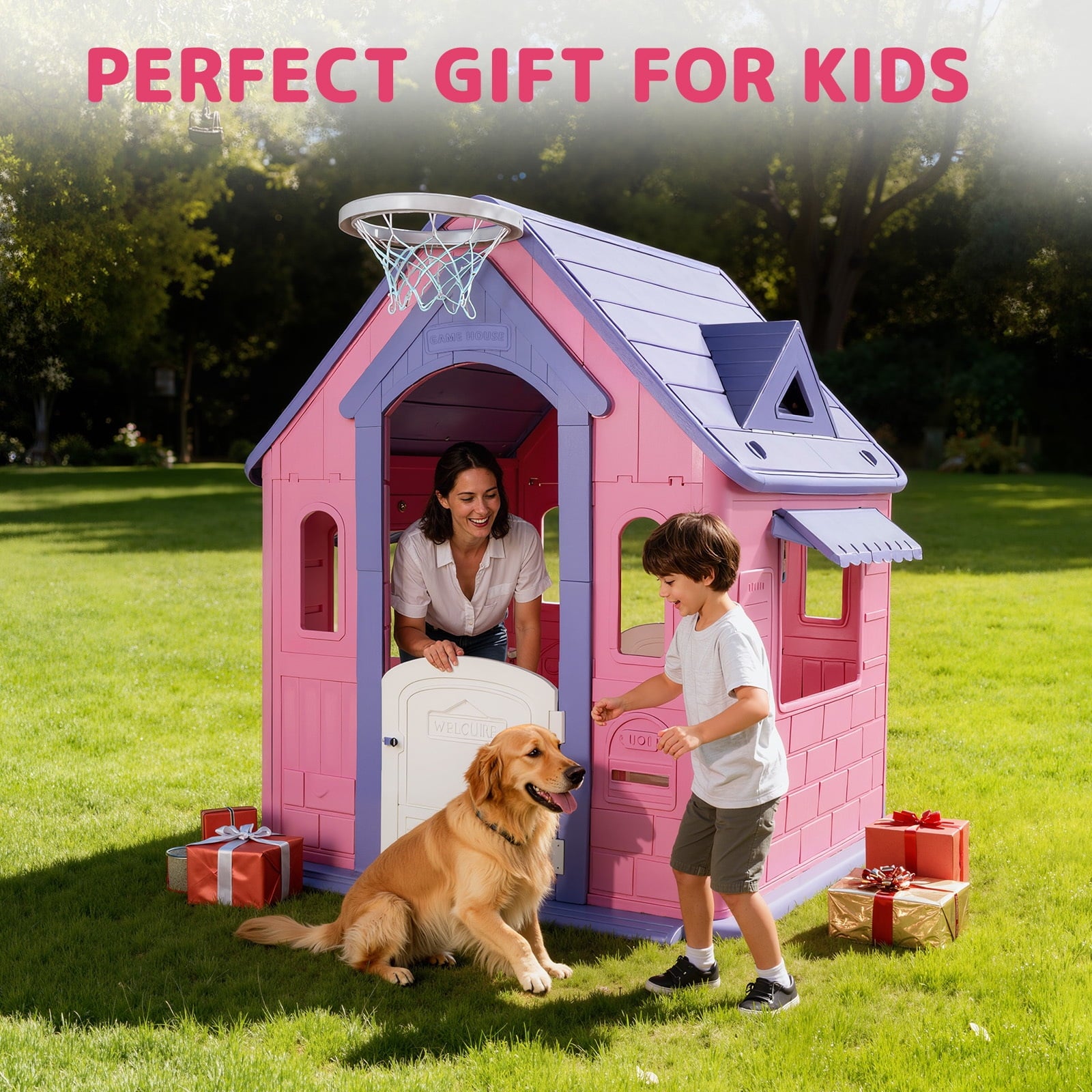 Furnibear Kids Playhouse Indoor Outdoor Slide Football Basketball Ring Toss Play House for Girls Boys Kids 2-8 Years Old