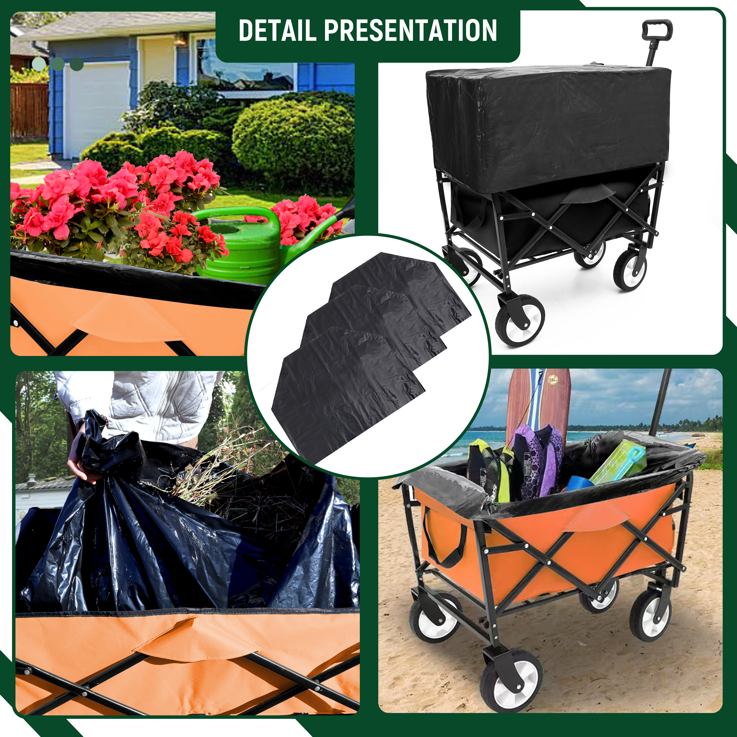 Furnibear Heavy-Duty Folding Wagon Cart with All-Terrain Wheels,Includes 3 Liner Bagsfor Camping, Beach, Grocery,Orange