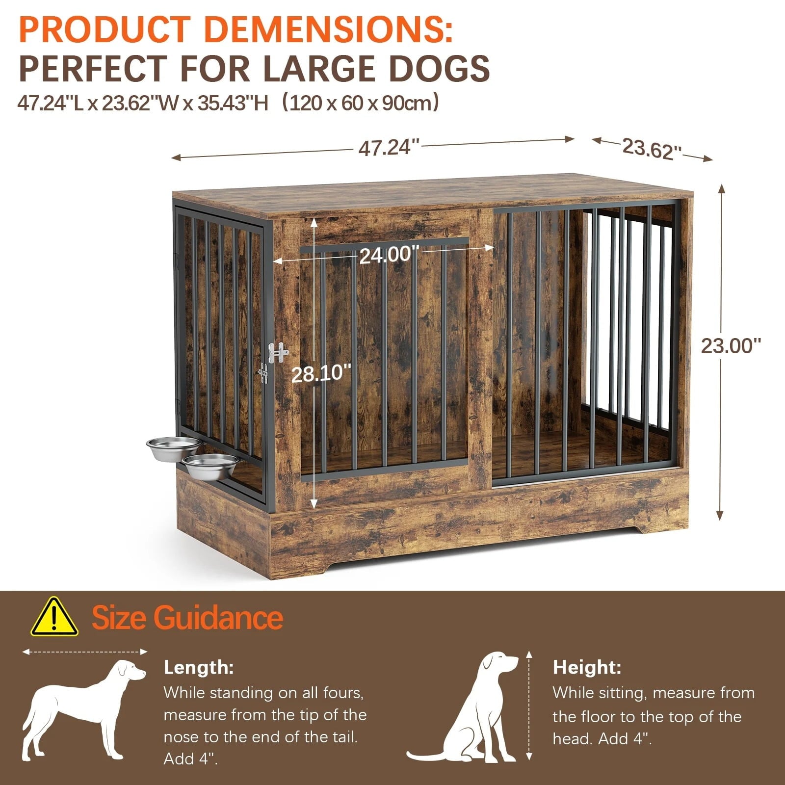 Furnibear 47" Solid Wood Dog Crate Furniture with Double Doors - Heavy Duty Rustic Brown Indoor Kennel w/Removable Dog Bowls, Multi-Functional End Table for Small/Medium/Large Dogs