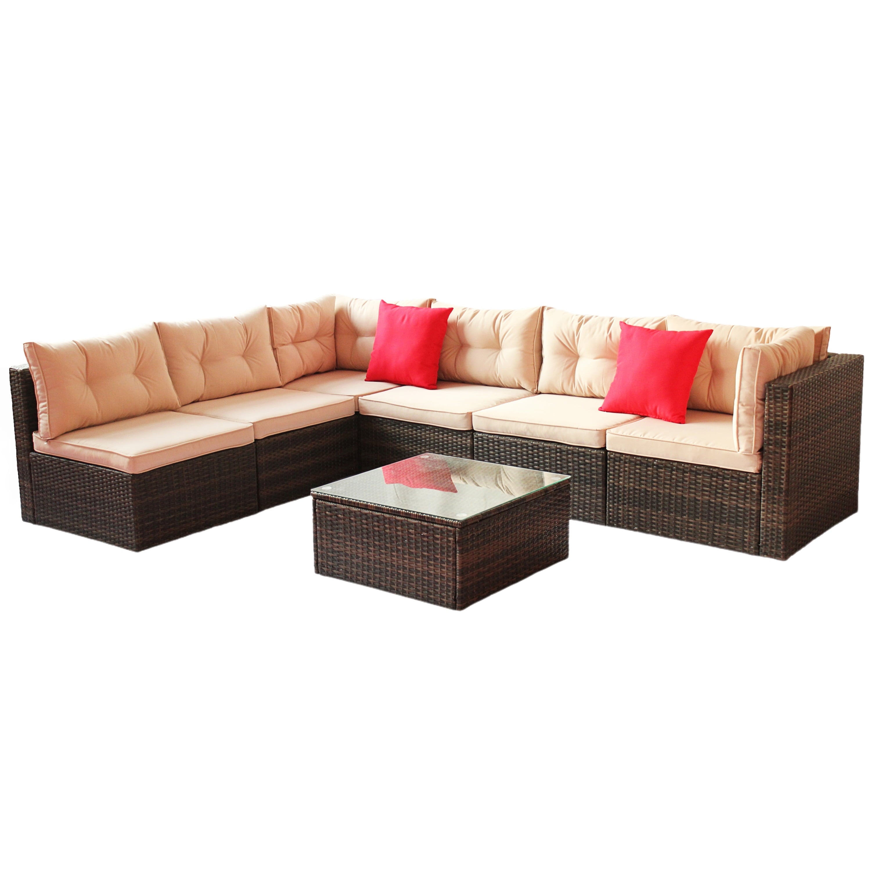 Furnibear 7 Pieces Outdoor Patio Sectional Sofa Couch, Brown Wicker Patio Furniture Conversation Sets with Washable Cushions and Glass Coffee Table for Garden, Poolside, Backyard